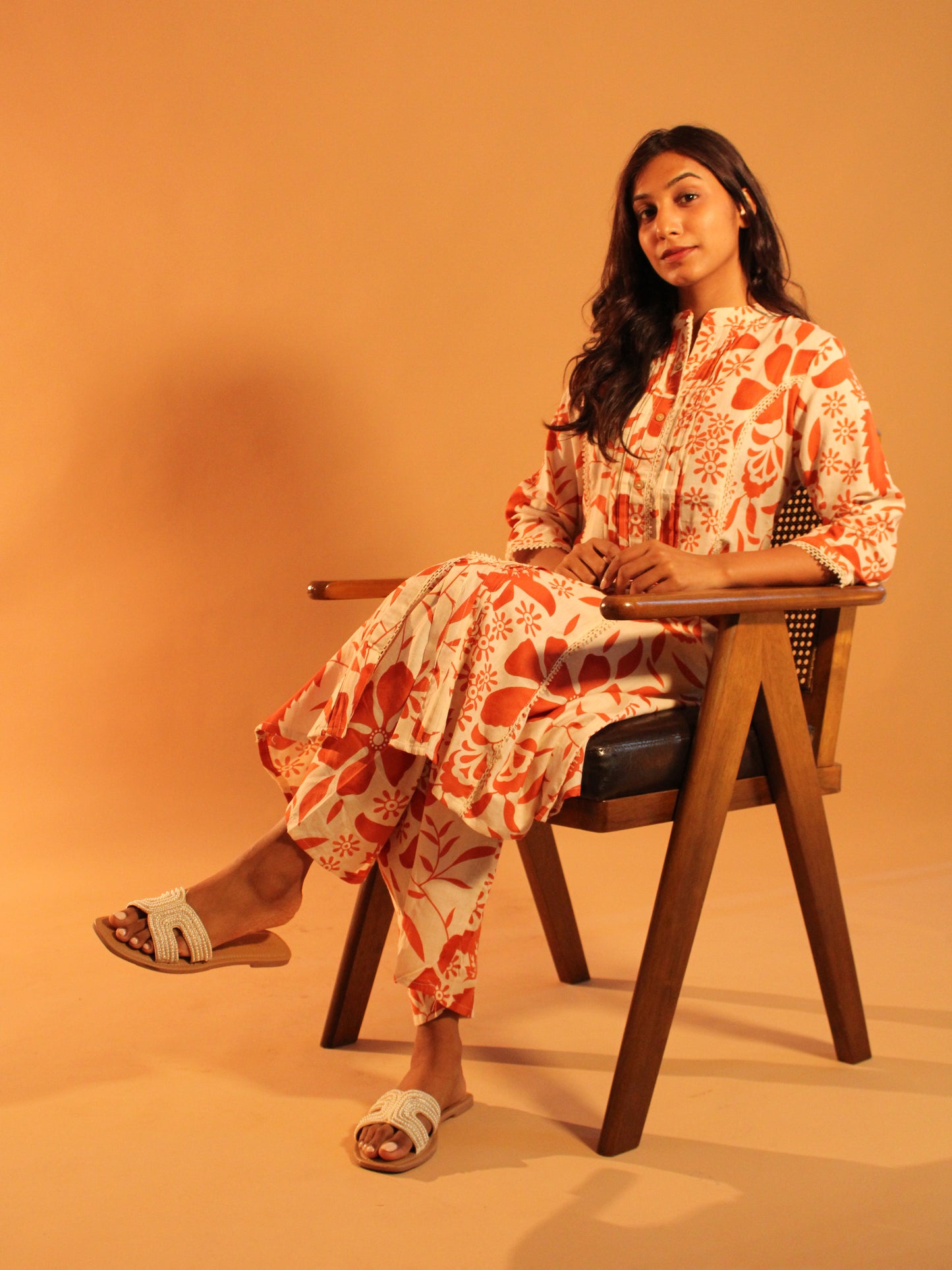 Orange Block Printed Coord Set | Mul Cotton | 2 Piece Set