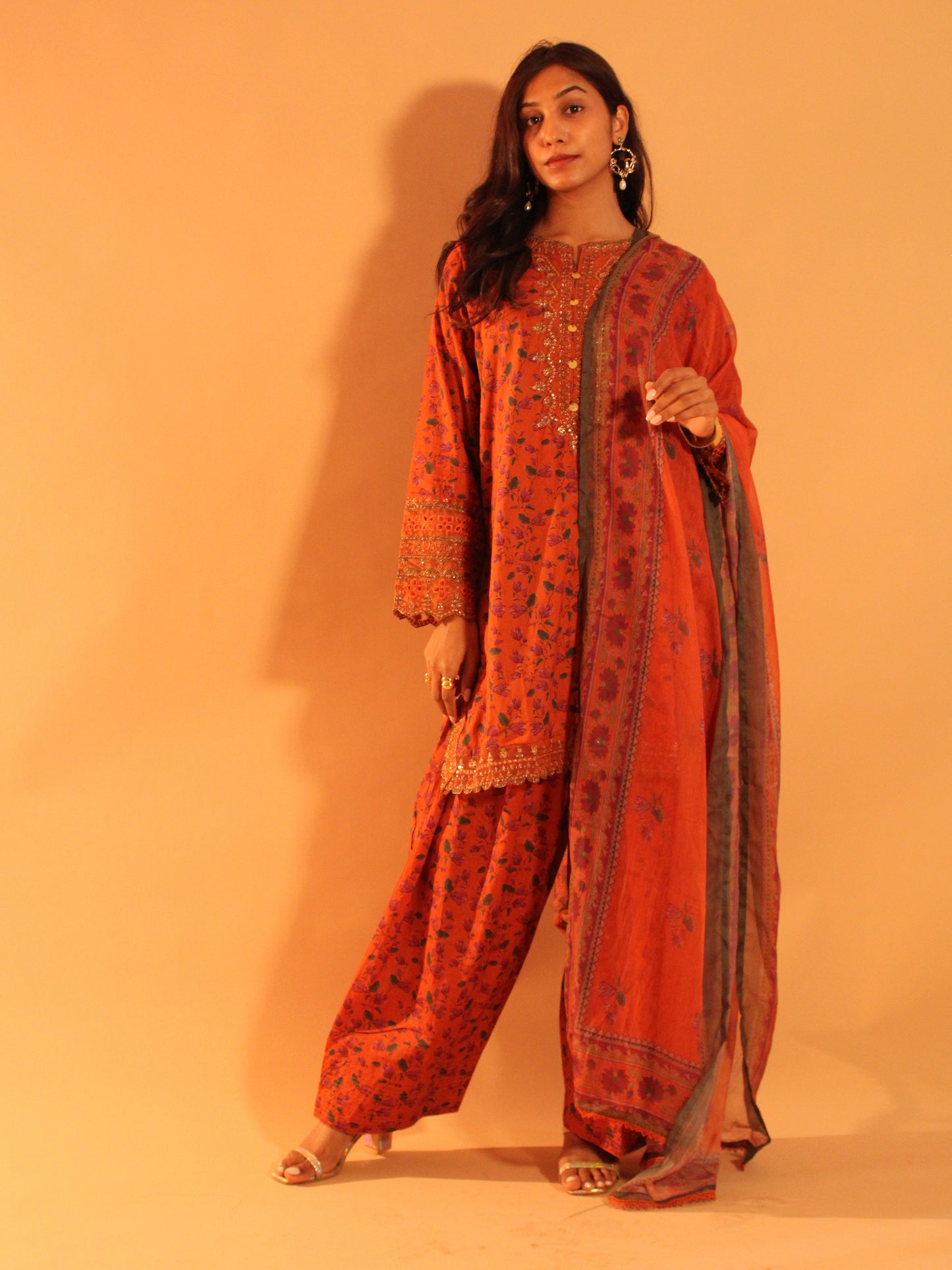 Burnt Orange Farshi Salwar Set | Pure Cotton | 3 Piece Set