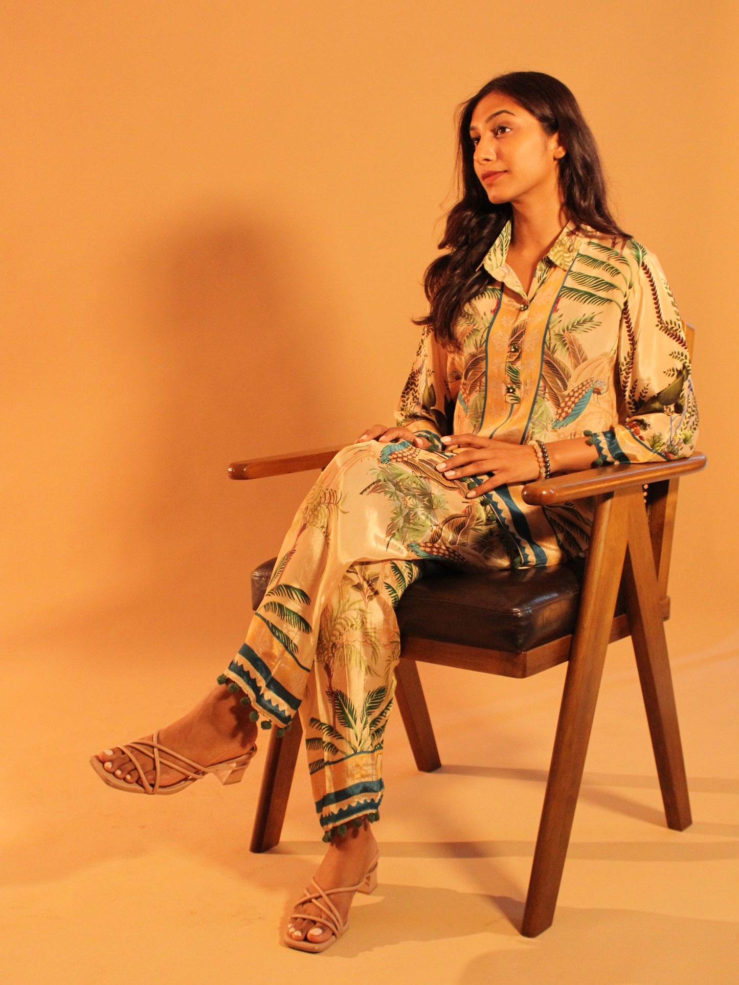 Beige Tropical Coord Set | Natural Crepe | 2 Piece Set
