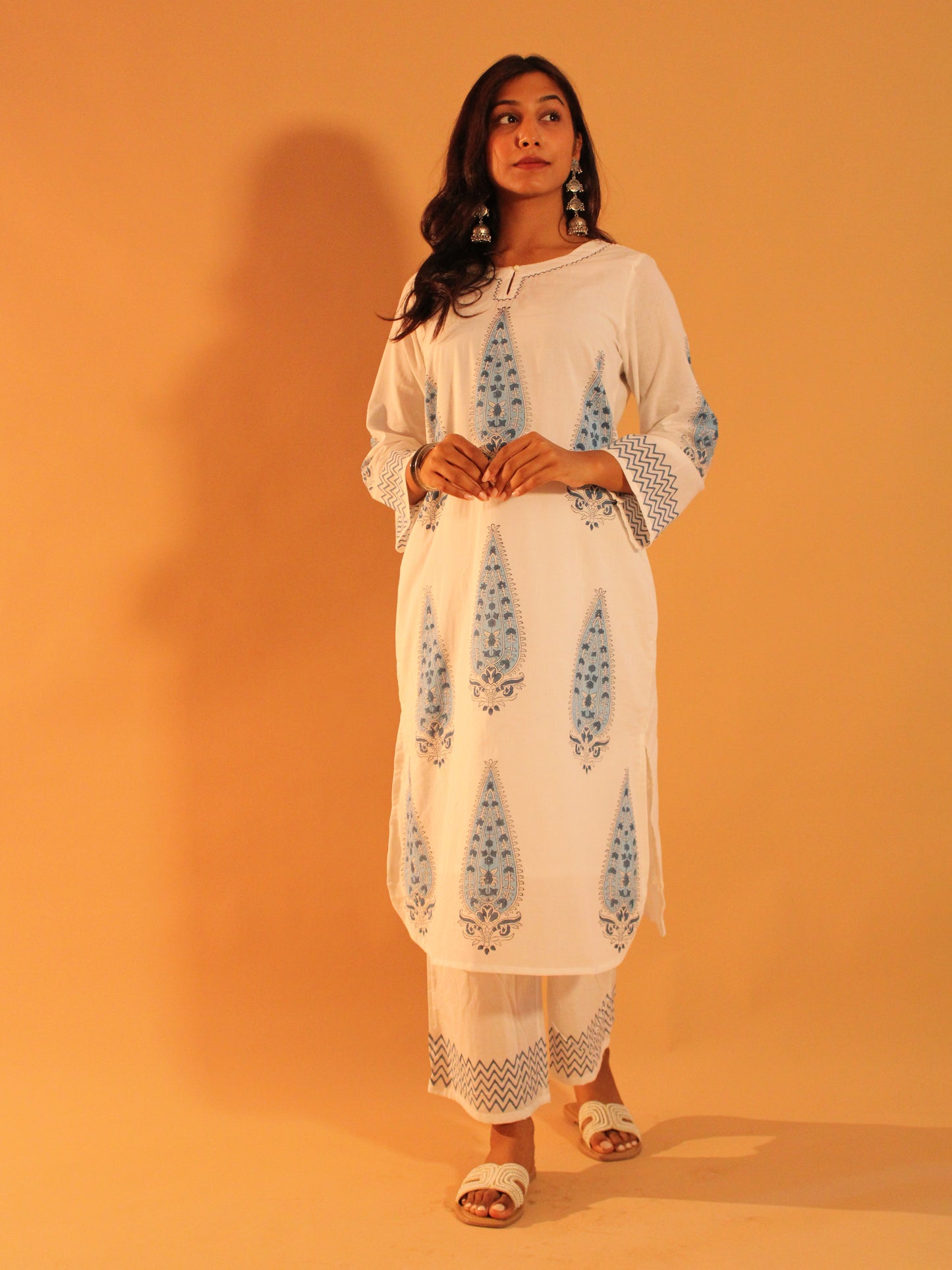 White & Blue Block Printed Coord Set | Mul Cotton | 2 Piece Set