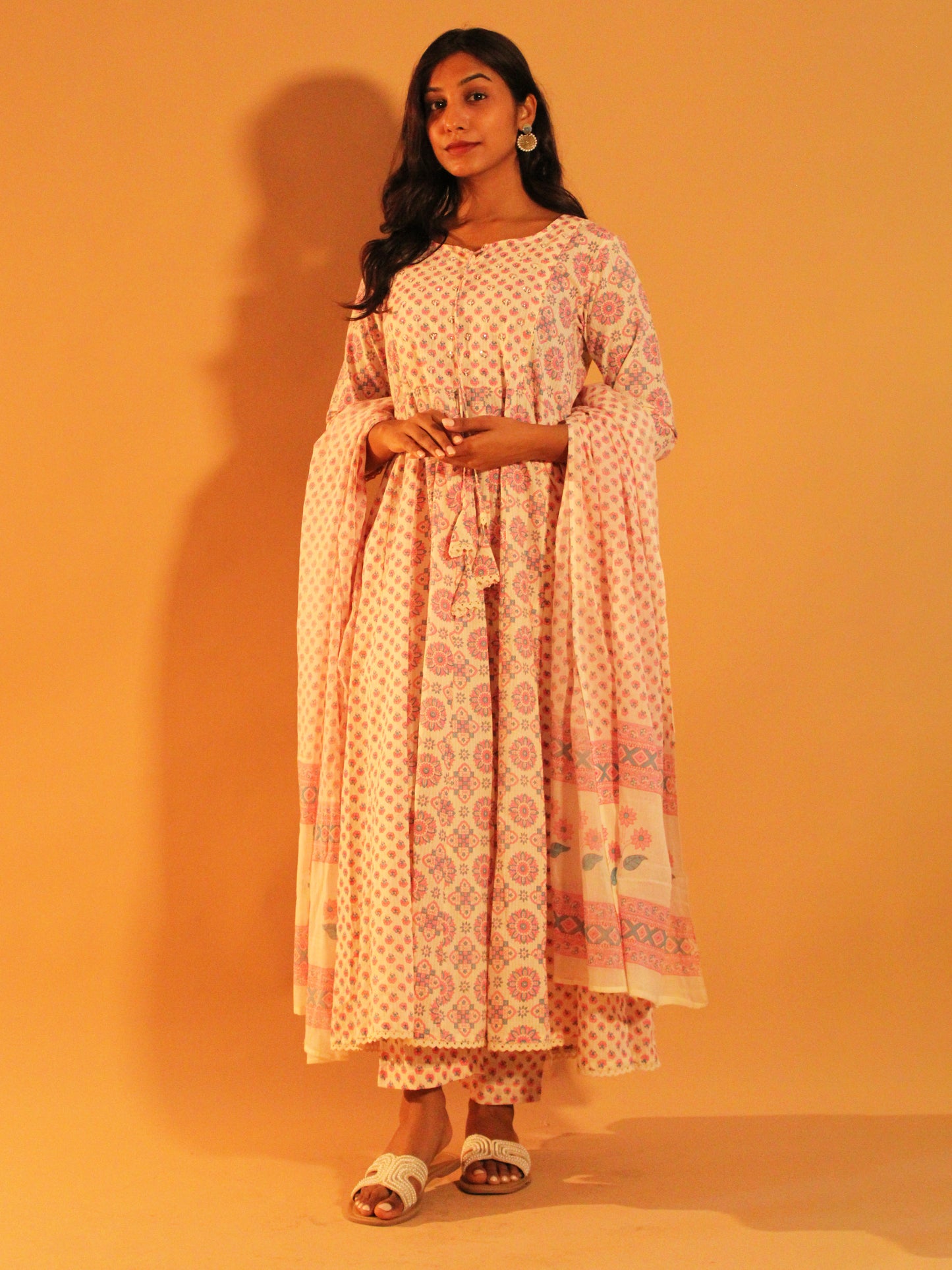 Floral Pink Anarkali Salwar | Pure Cotton | 3 Piece Set