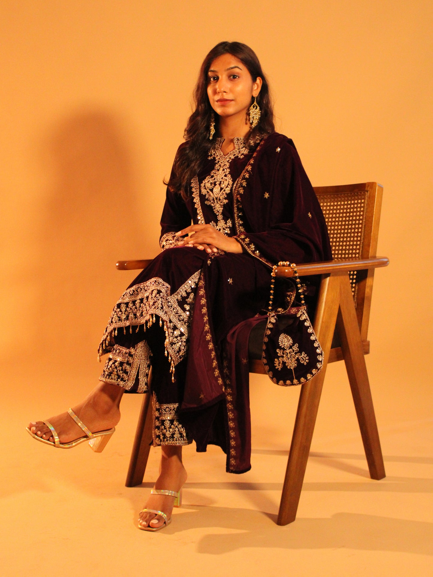 Dark Violet Velvet Salwar Set | Soft Velvet | 3 Piece Set + Potli