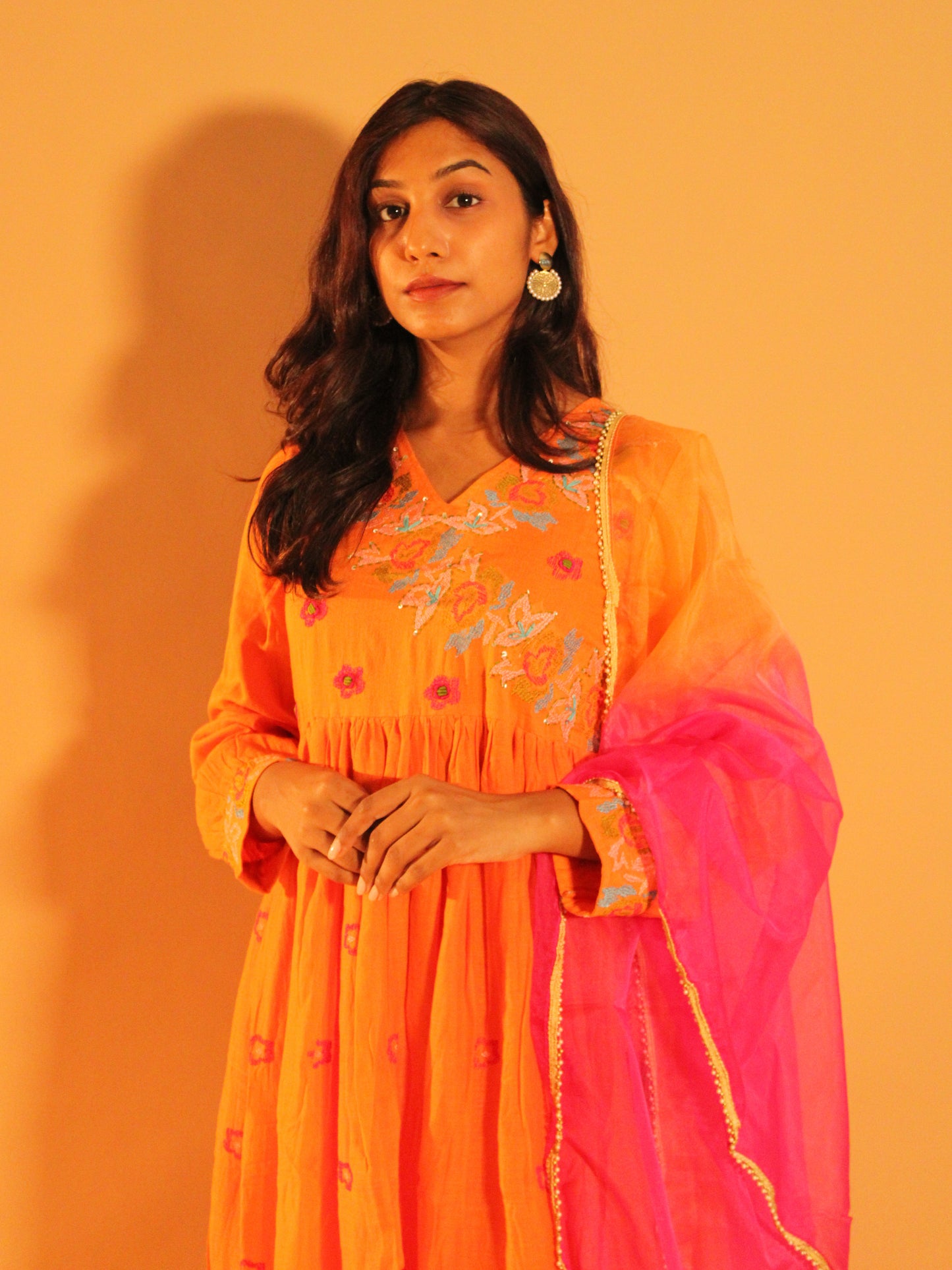 Orange Pink Anarkali Set | Pure Cotton | 3 Piece Set