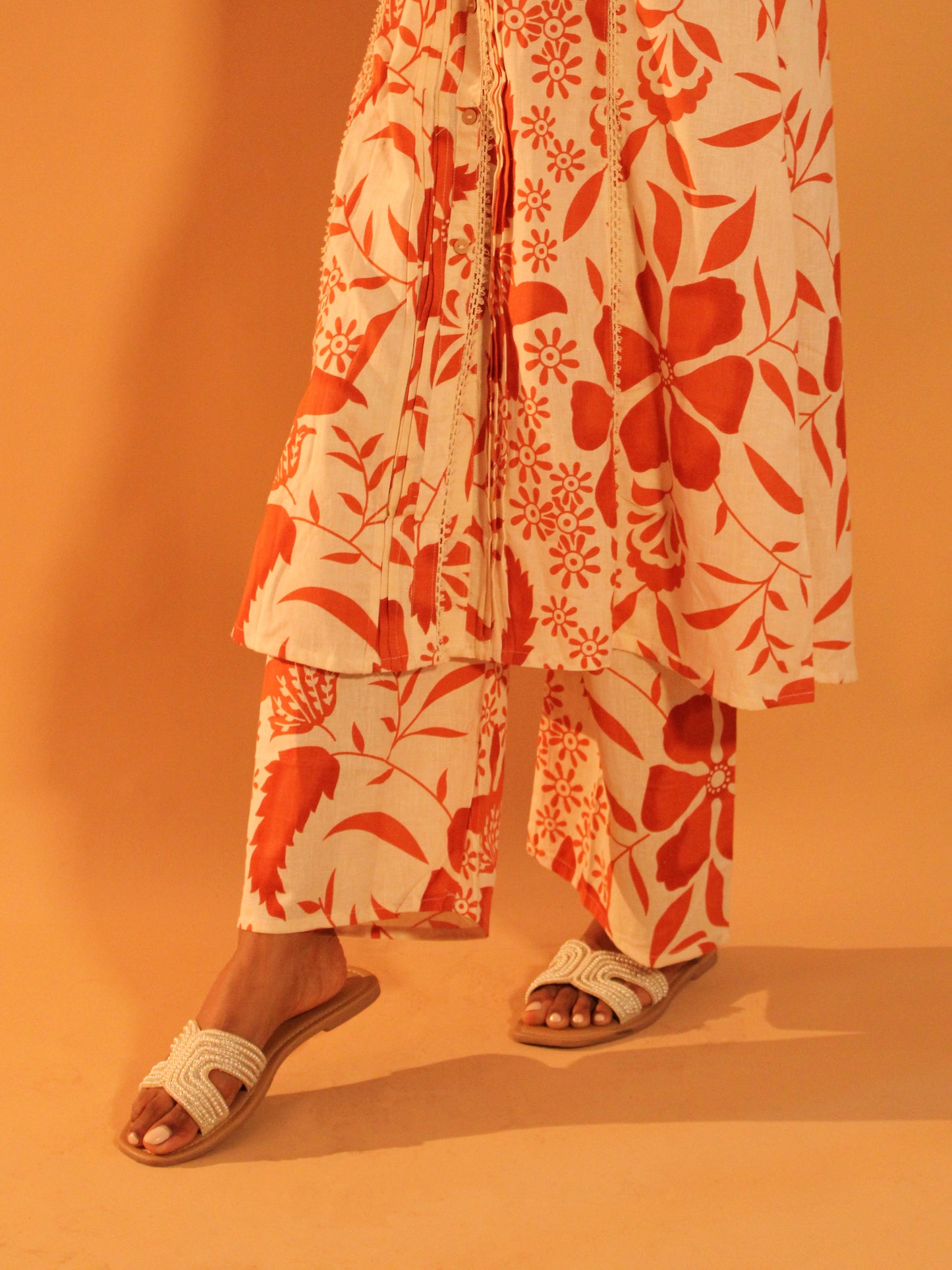 Orange Block Printed Coord Set | Mul Cotton | 2 Piece Set