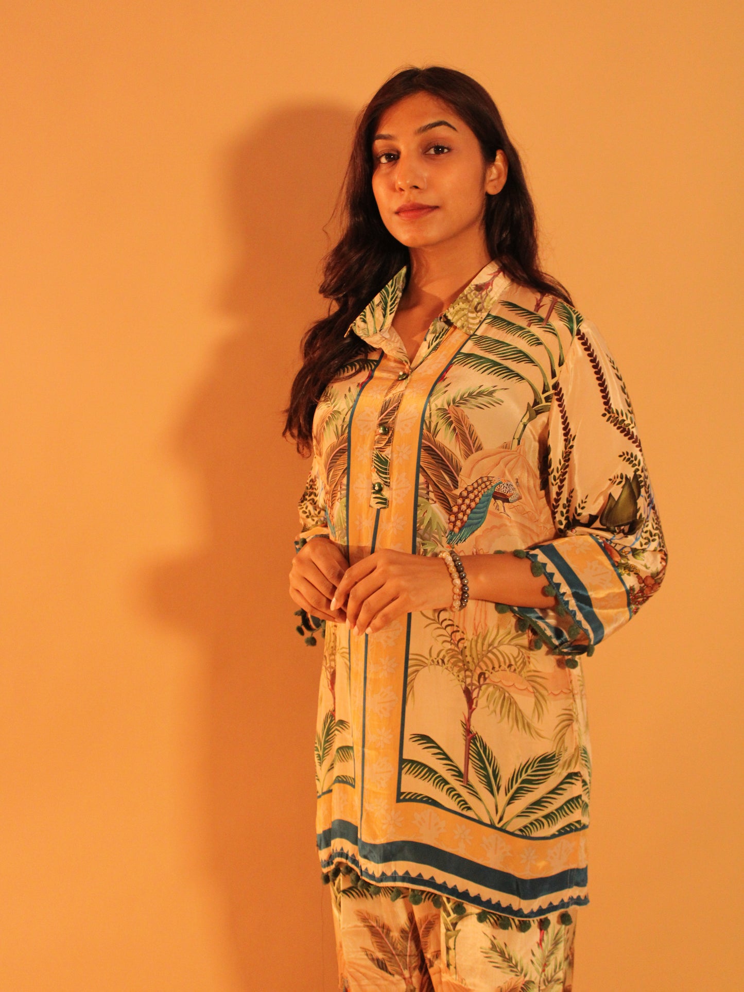 Beige Tropical Coord Set | Natural Crepe | 2 Piece Set