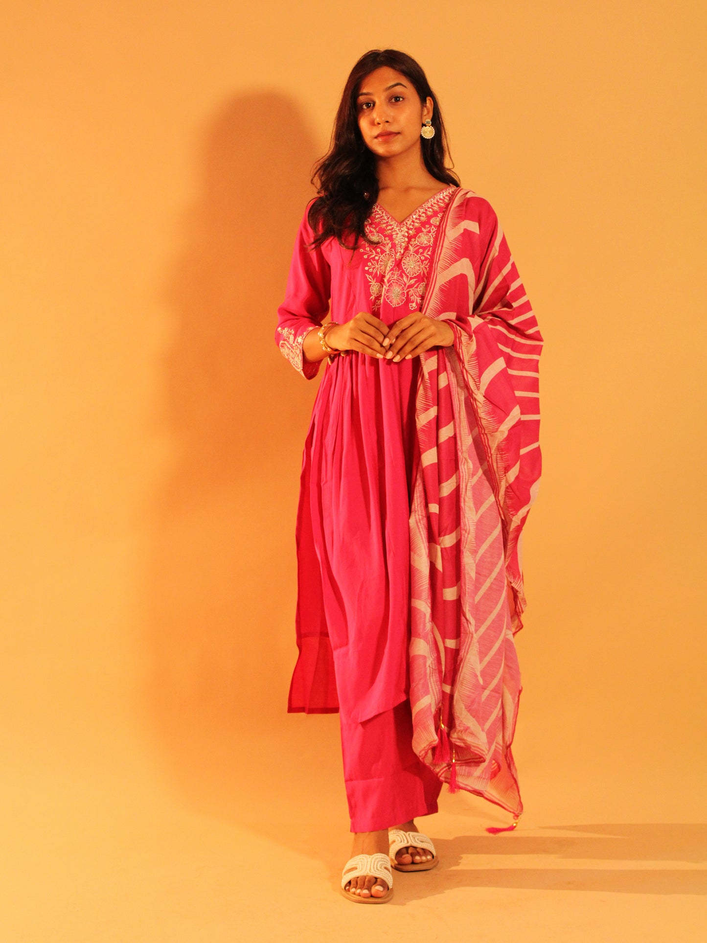 Rani Pink Embroidered Salwar Set | Natural Silk | 3 Piece Set