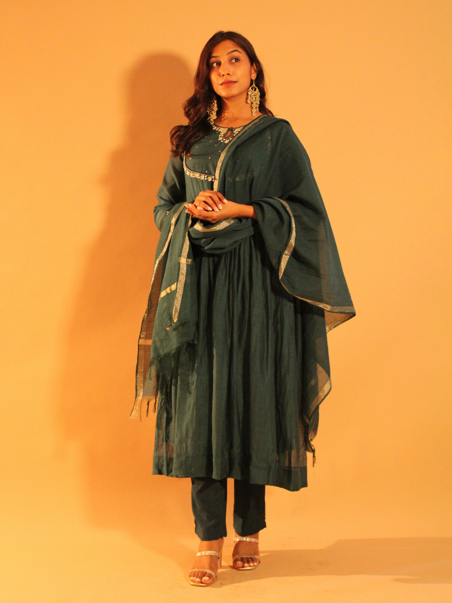 Teal Anarkali Set | Mul Chanderi | 3 Piece Set