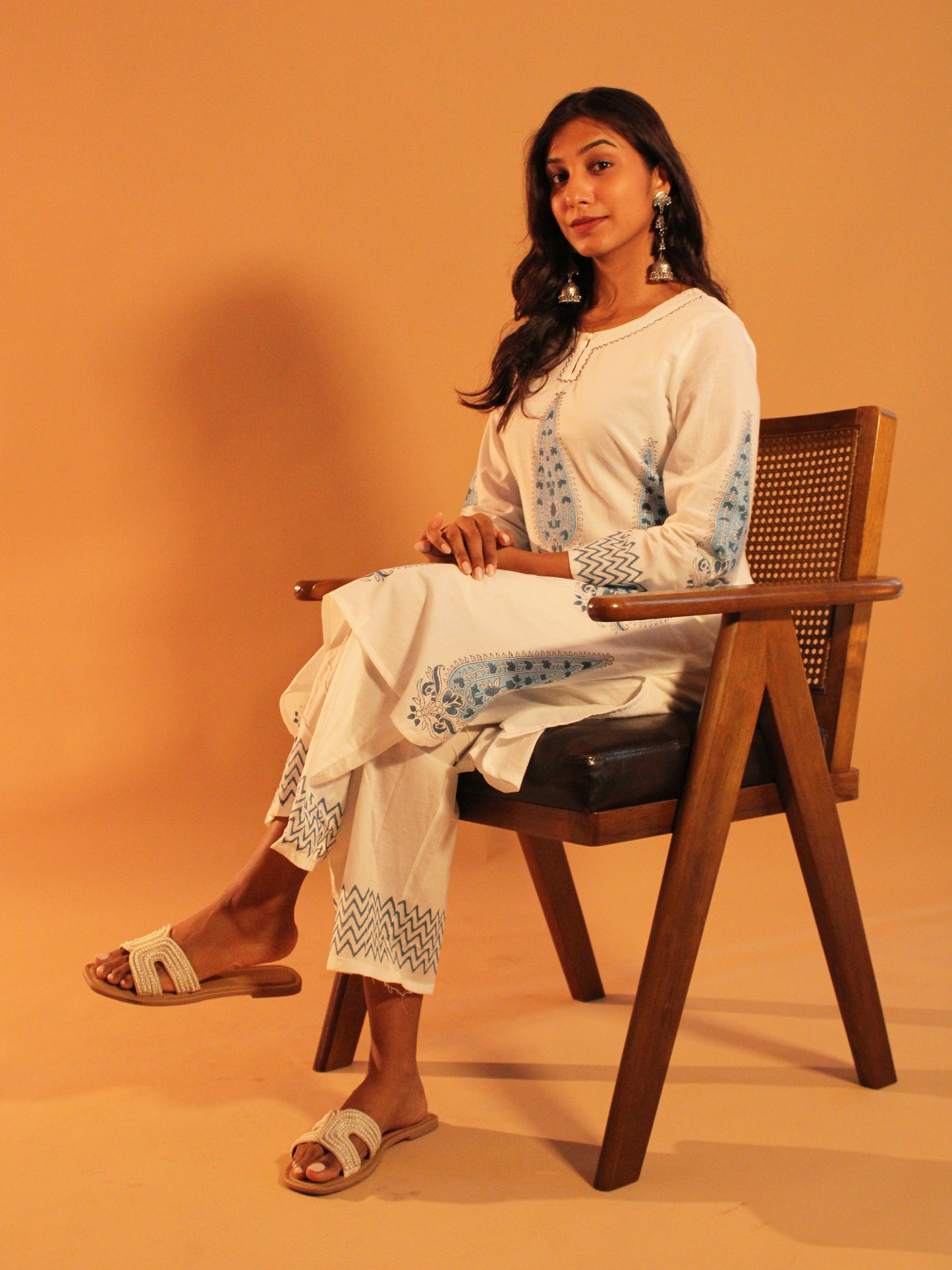 White & Blue Block Printed Coord Set | Mul Cotton | 2 Piece Set