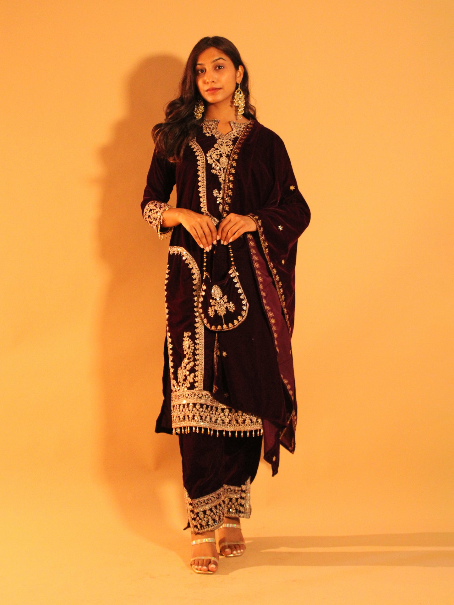 Dark Violet Velvet Salwar Set | Soft Velvet | 3 Piece Set + Potli