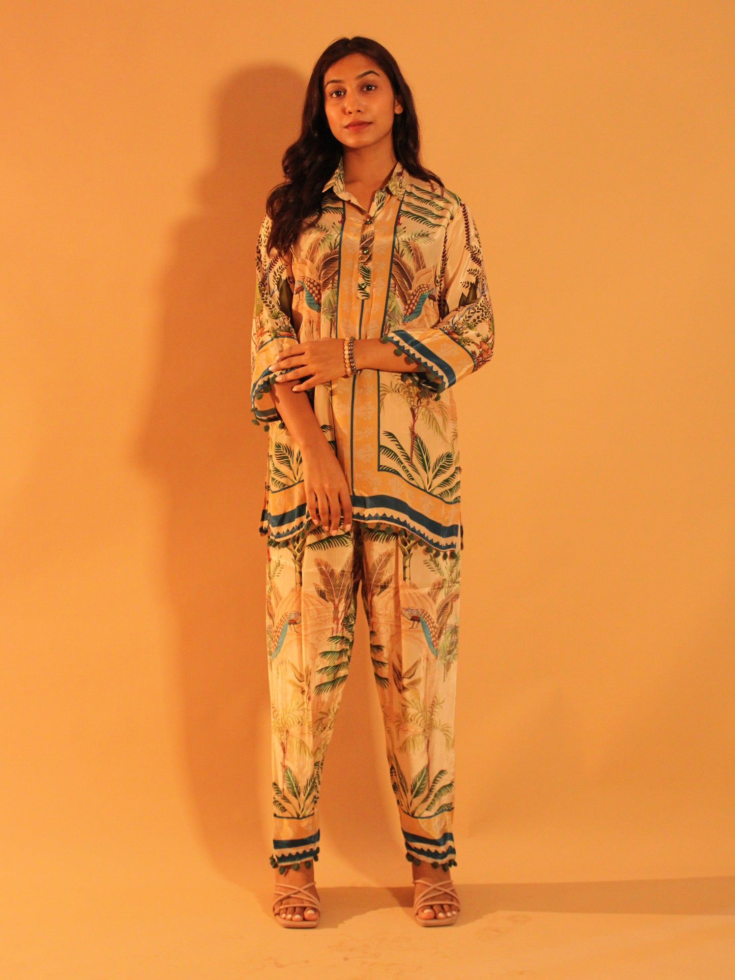 Beige Tropical Coord Set | Natural Crepe | 2 Piece Set