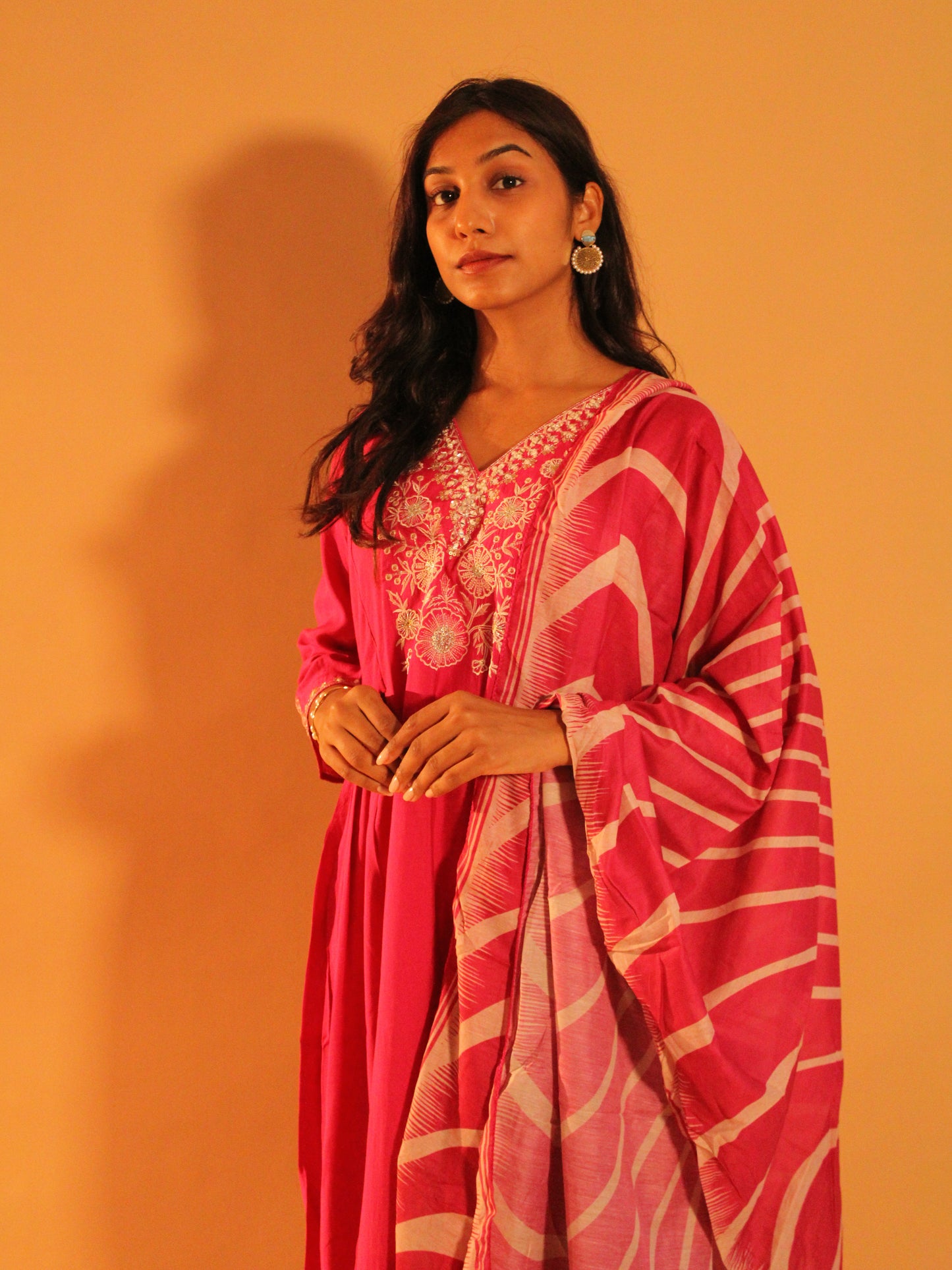 Rani Pink Embroidered Salwar Set | Natural Silk | 3 Piece Set