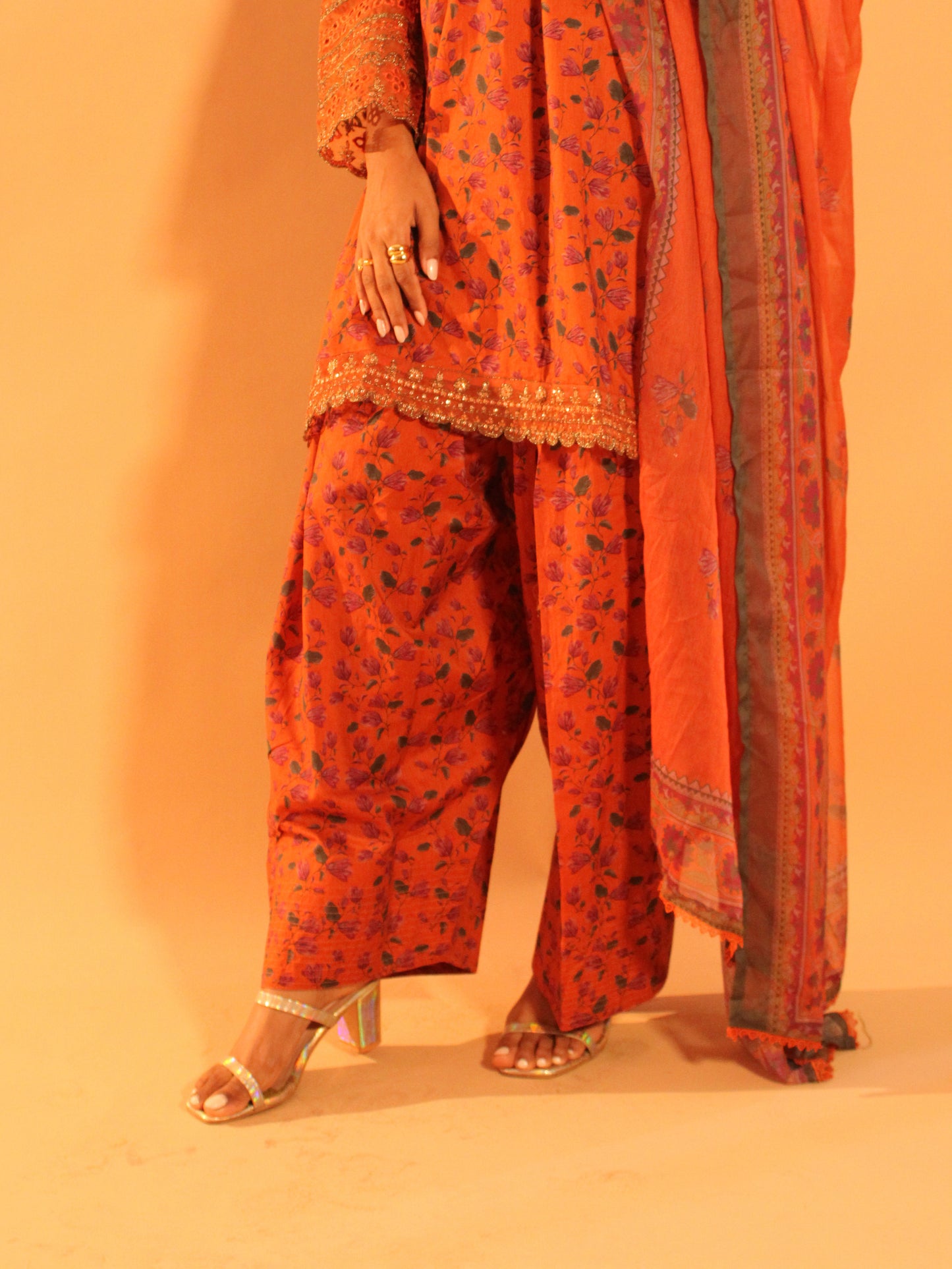 Burnt Orange Farshi Salwar Set | Pure Cotton | 3 Piece Set