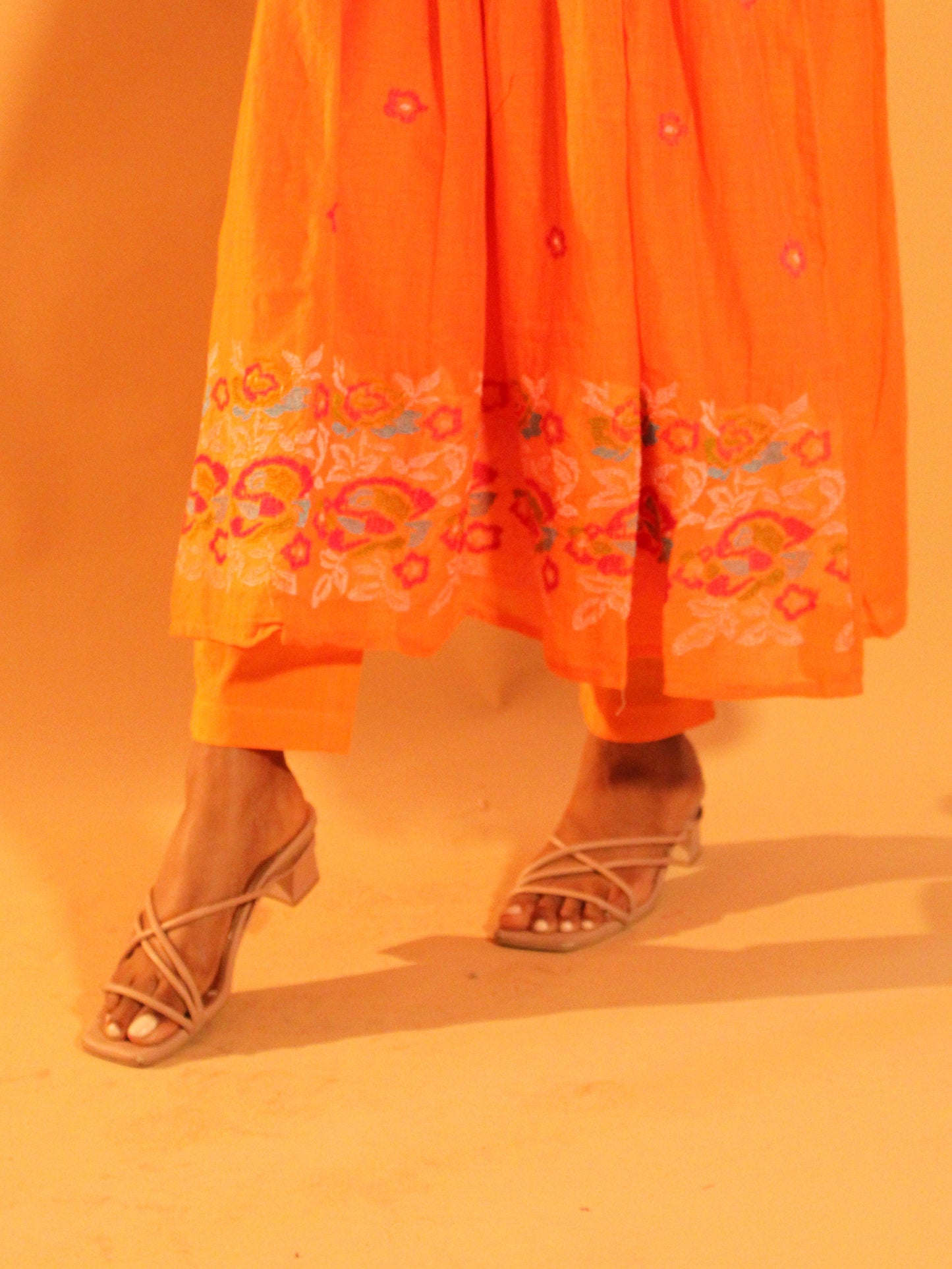 Orange Pink Anarkali Set | Pure Cotton | 3 Piece Set