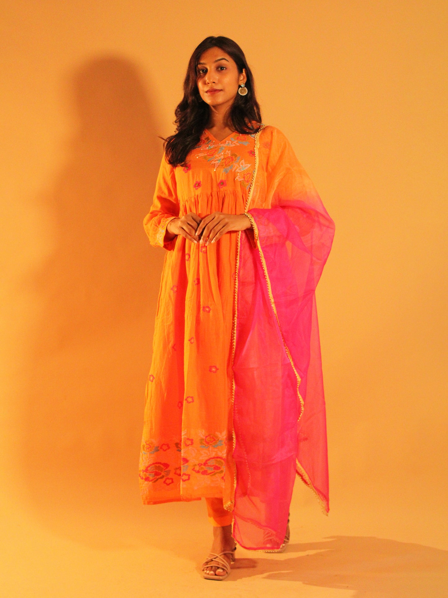 Orange Pink Anarkali Set | Pure Cotton | 3 Piece Set