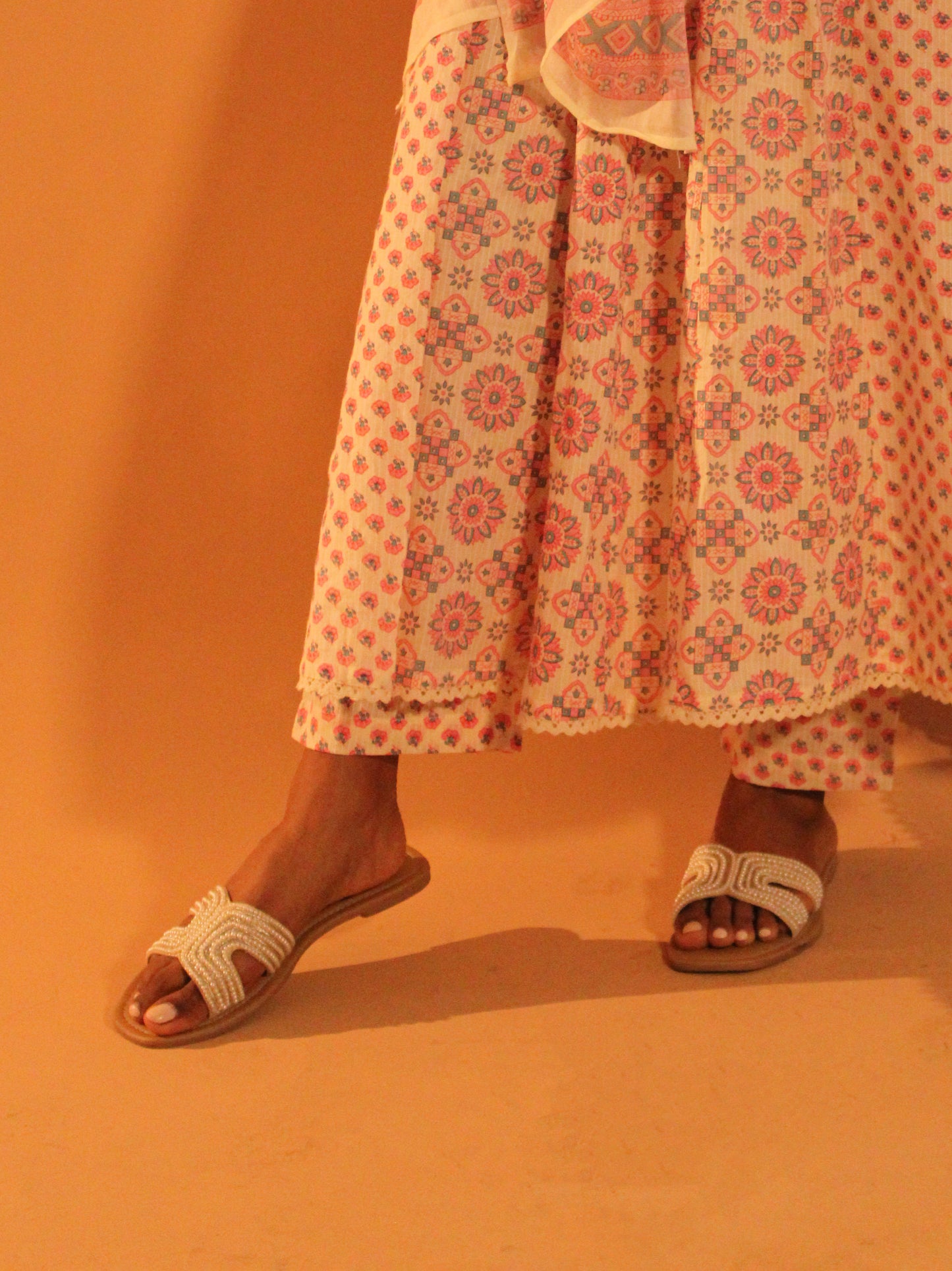 Floral Pink Anarkali Salwar | Pure Cotton | 3 Piece Set