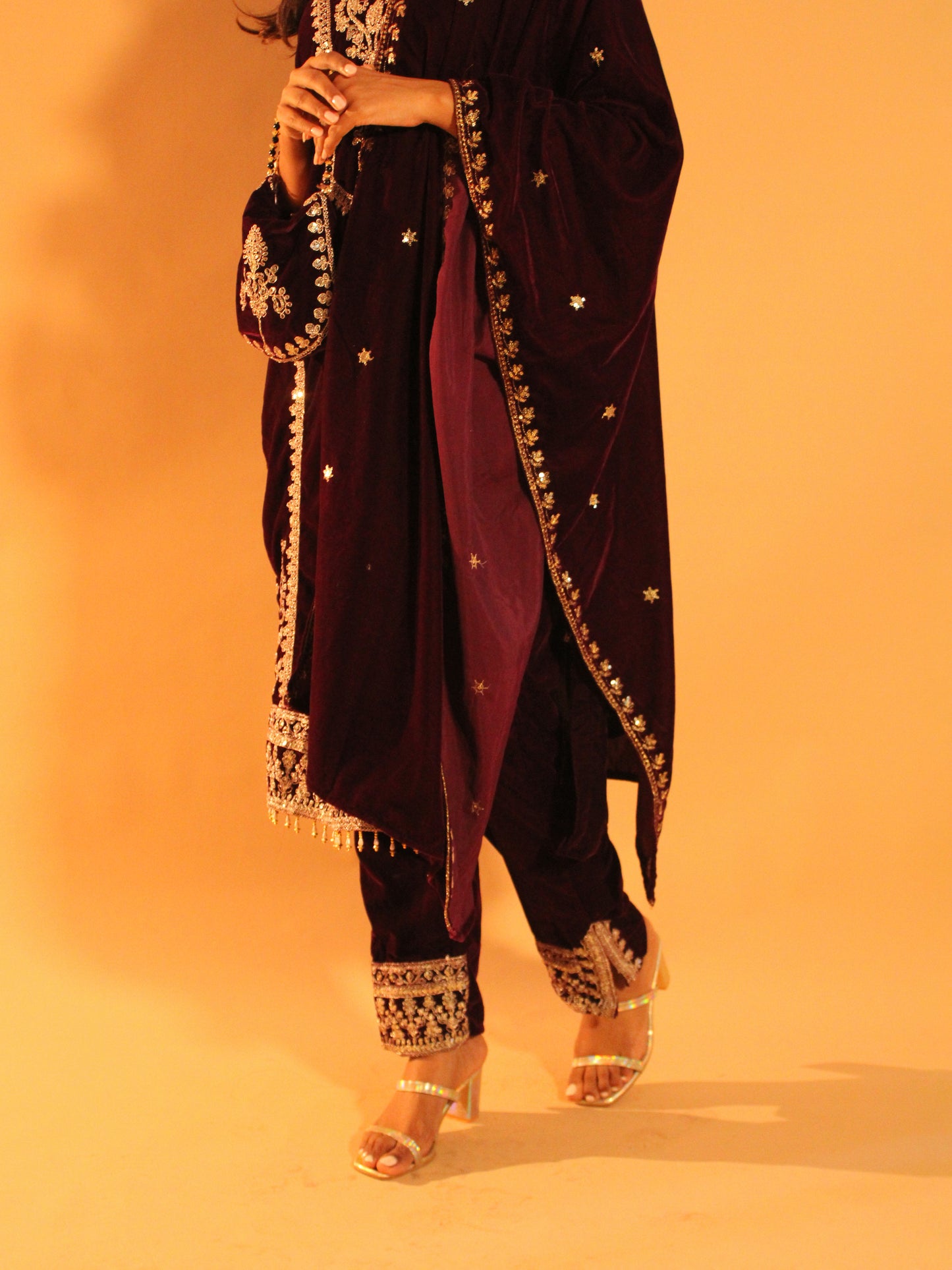 Dark Violet Velvet Salwar Set | Soft Velvet | 3 Piece Set + Potli