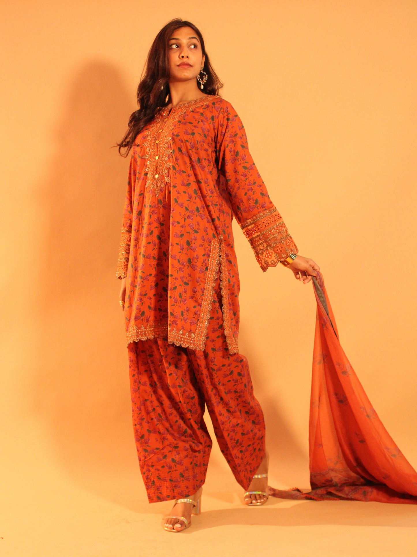 Burnt Orange Farshi Salwar Set | Pure Cotton | 3 Piece Set