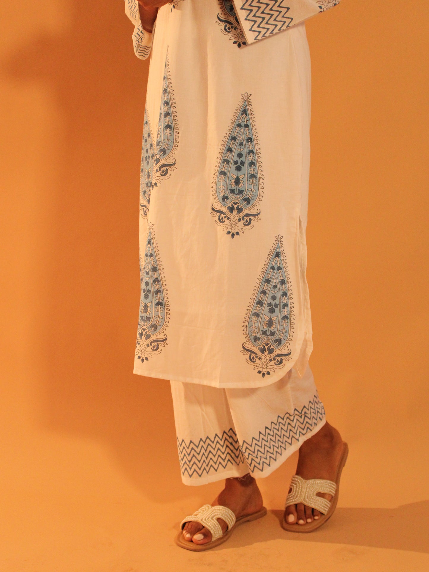 White & Blue Block Printed Coord Set | Mul Cotton | 2 Piece Set