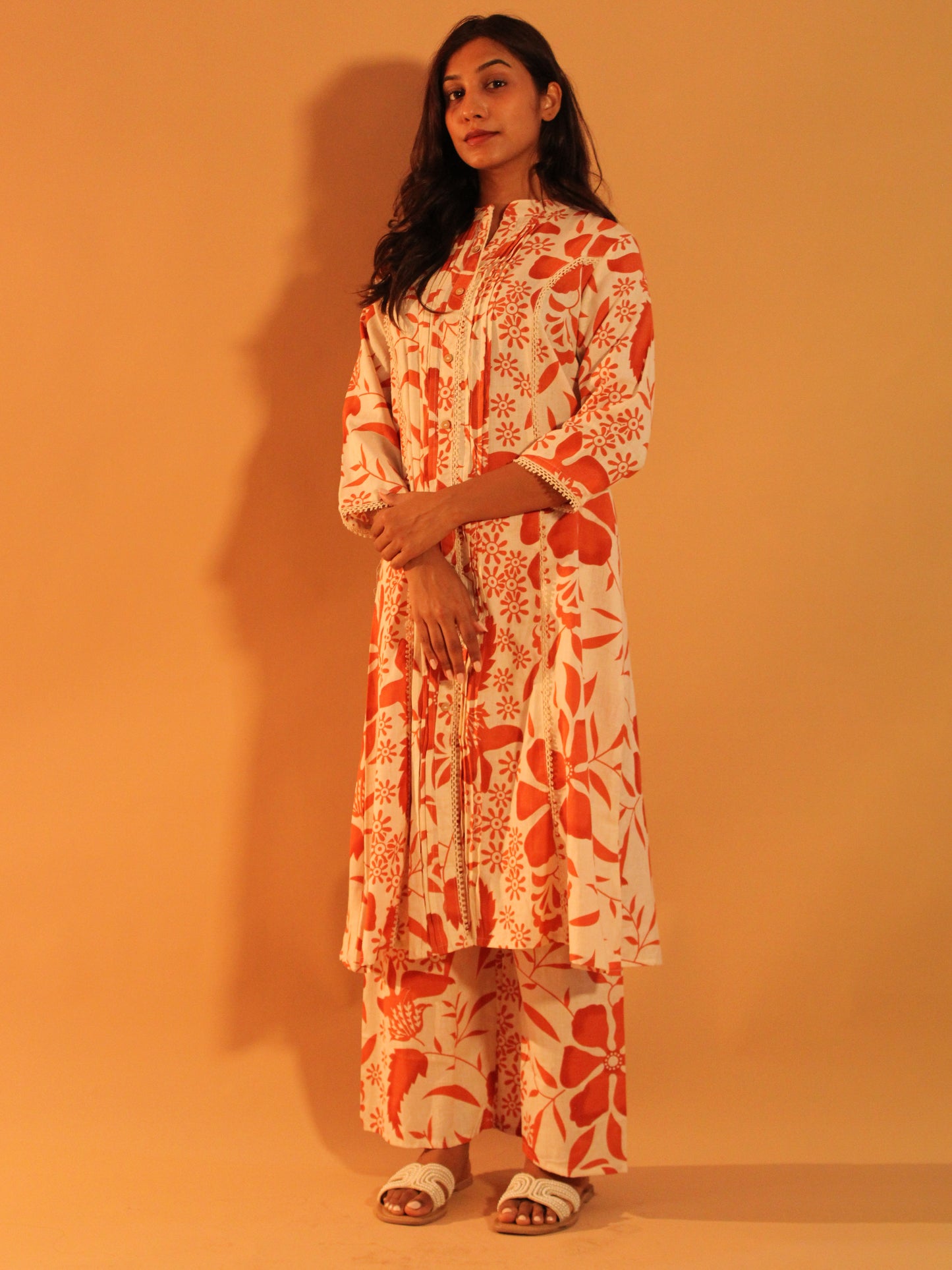 Orange Block Printed Coord Set | Mul Cotton | 2 Piece Set