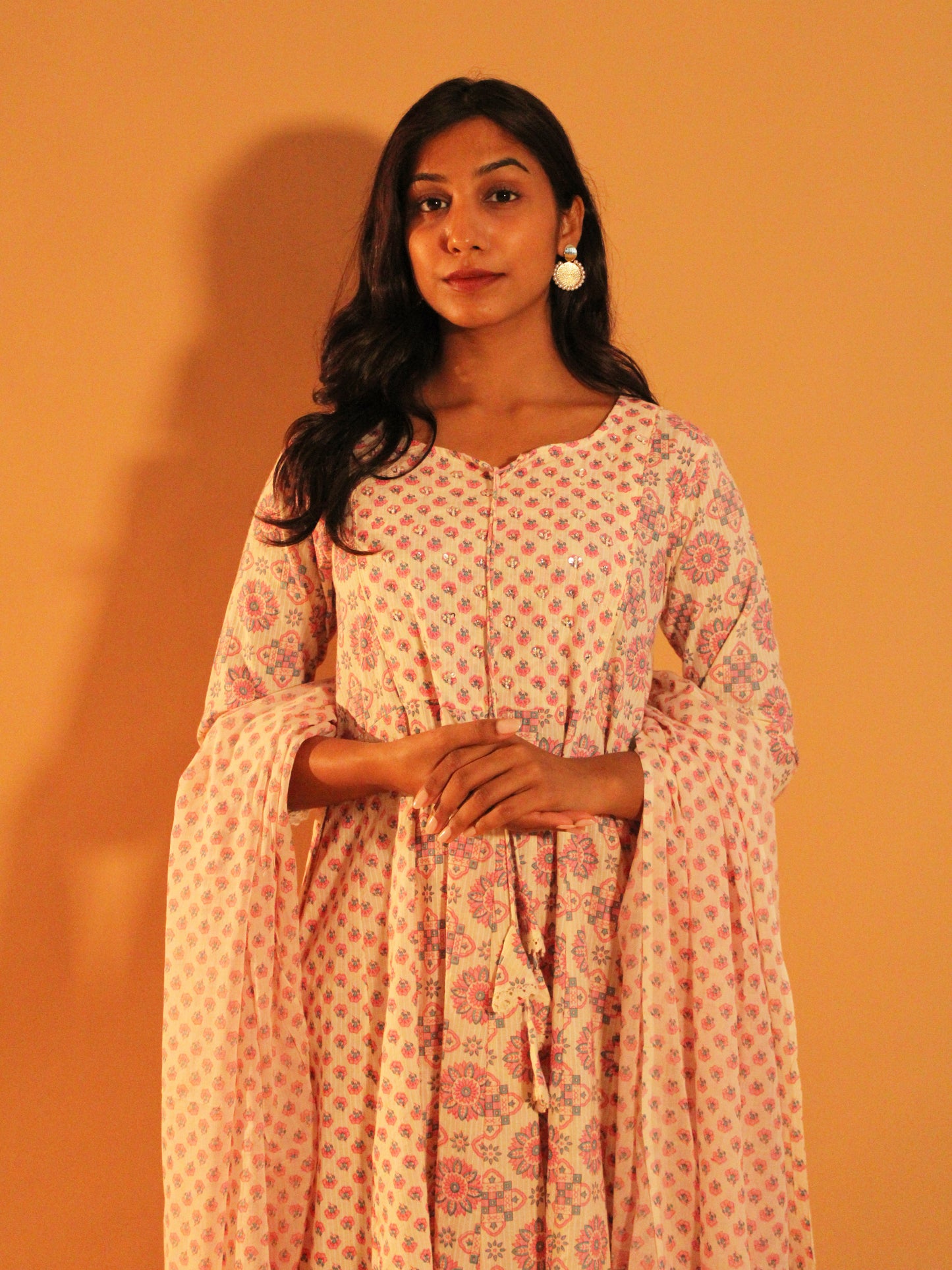 Floral Pink Anarkali Salwar | Pure Cotton | 3 Piece Set