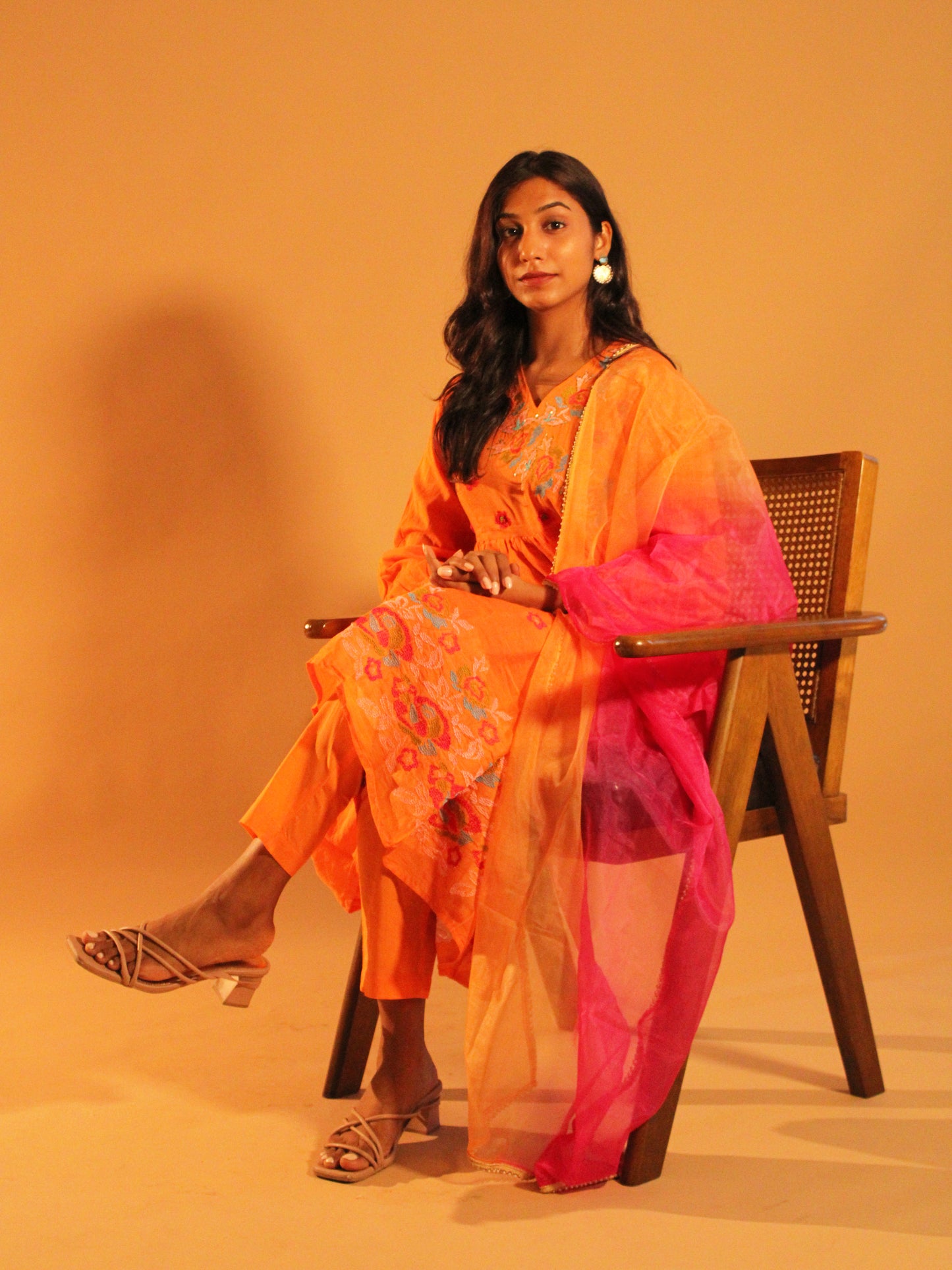 Orange Pink Anarkali Set | Pure Cotton | 3 Piece Set