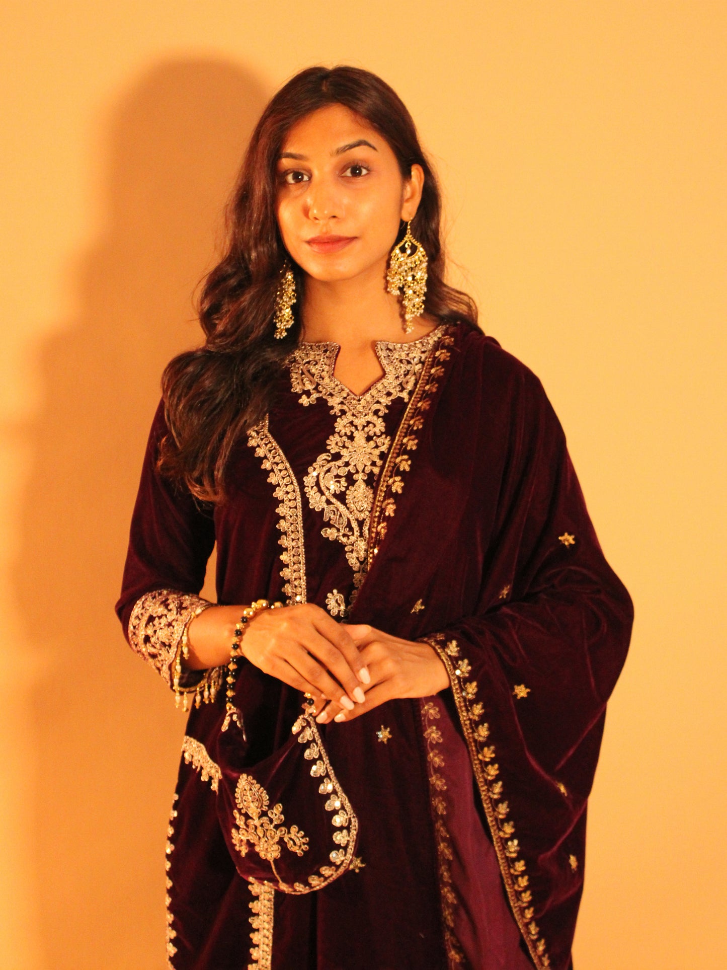 Dark Violet Velvet Salwar Set | Soft Velvet | 3 Piece Set + Potli