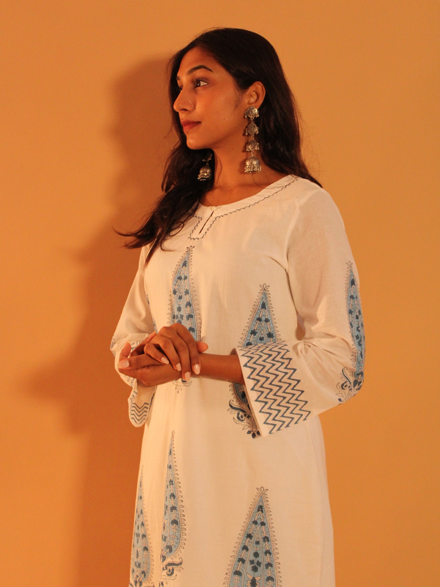 White & Blue Block Printed Coord Set | Mul Cotton | 2 Piece Set