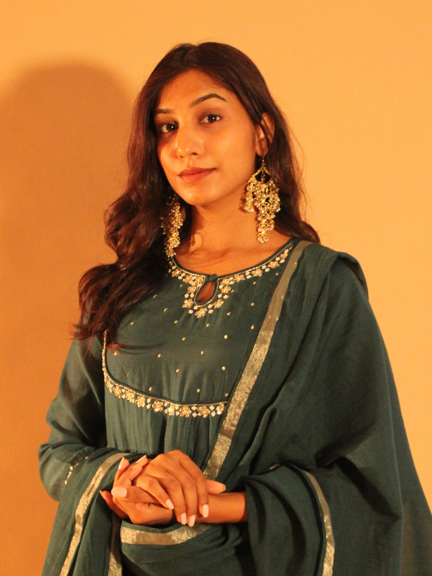 Teal Anarkali Set | Mul Chanderi | 3 Piece Set