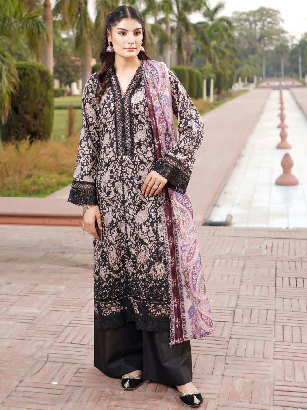 Black Embroidered Stitched Salwar Set | Lawn Cotton | Munira