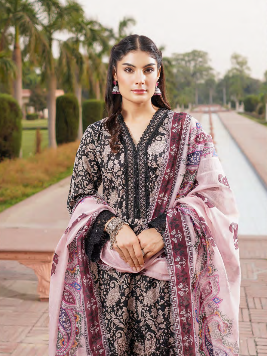 Black Embroidered Stitched Salwar Set | Lawn Cotton | Munira