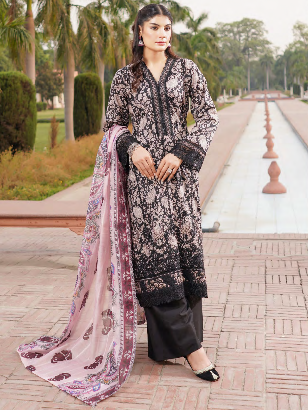 Black Embroidered Stitched Salwar Set | Lawn Cotton | Munira