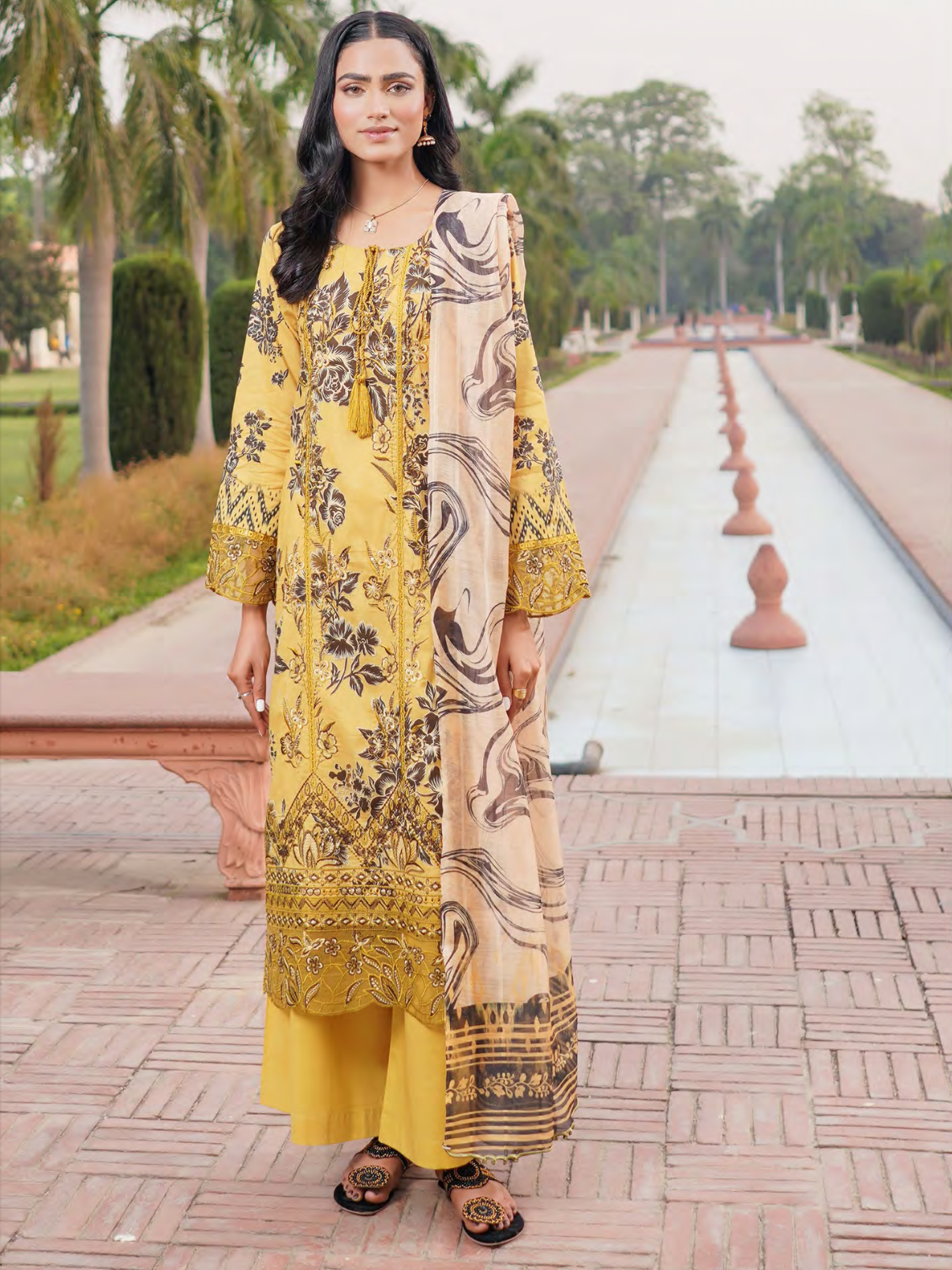 Mustard Embroidered Stitched Salwar Set | Lawn Cotton | Munira