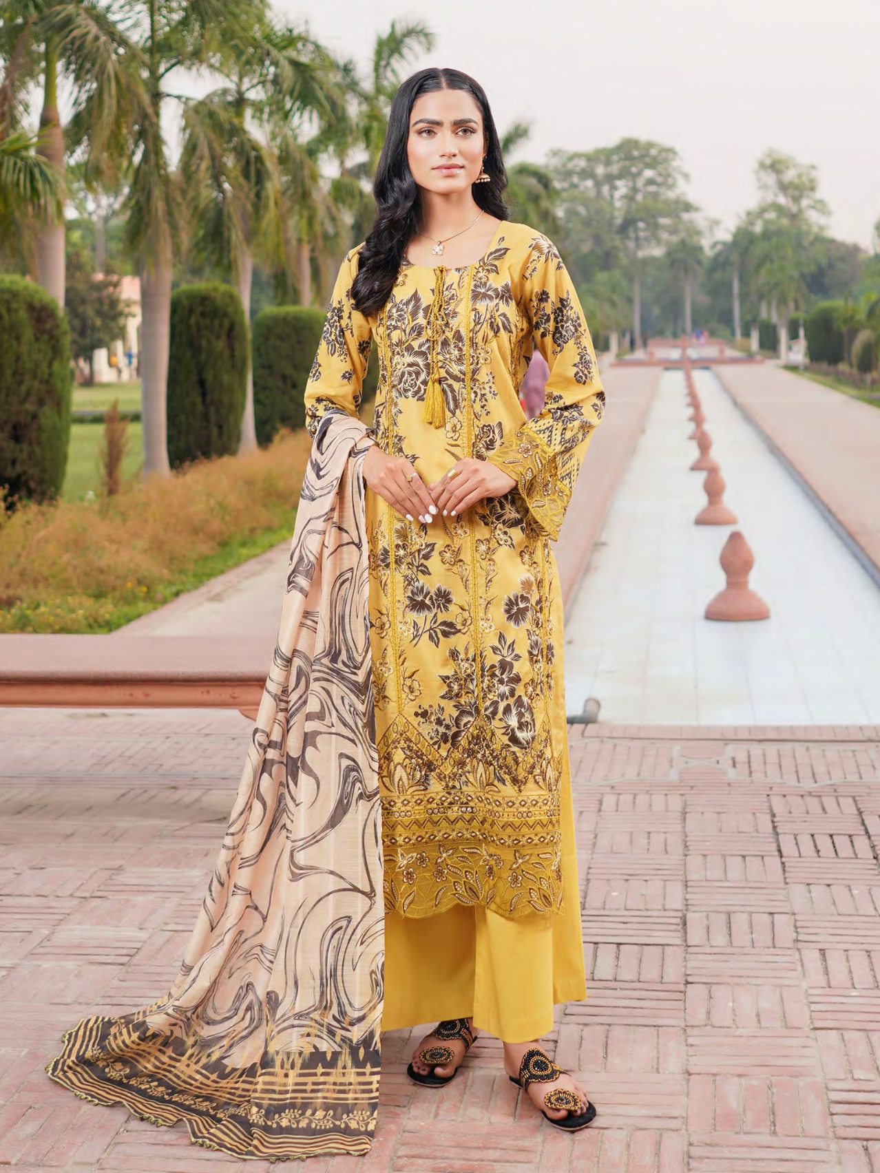 Mustard Embroidered Stitched Salwar Set | Lawn Cotton | Munira