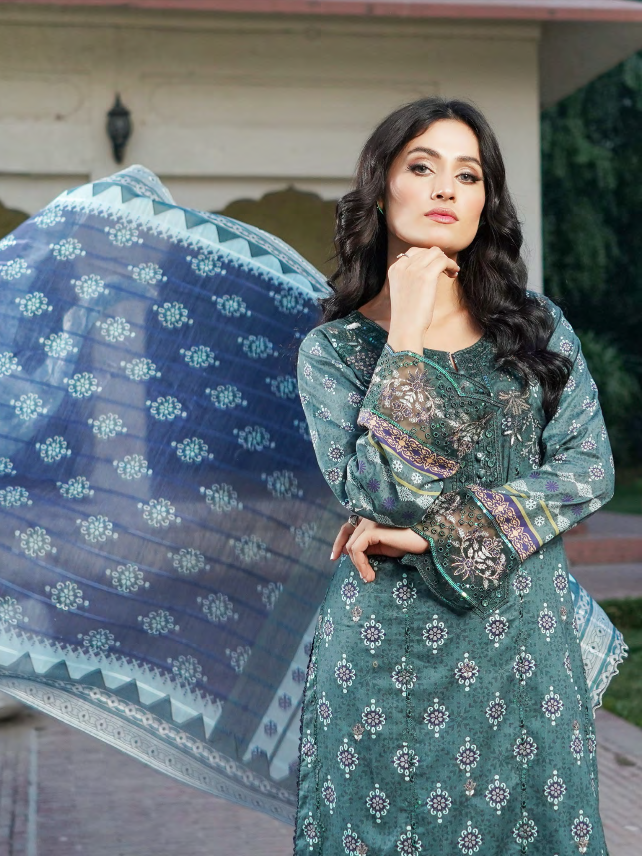 Teal Embroidered Stitched Salwar Set | Lawn Cotton | Munira