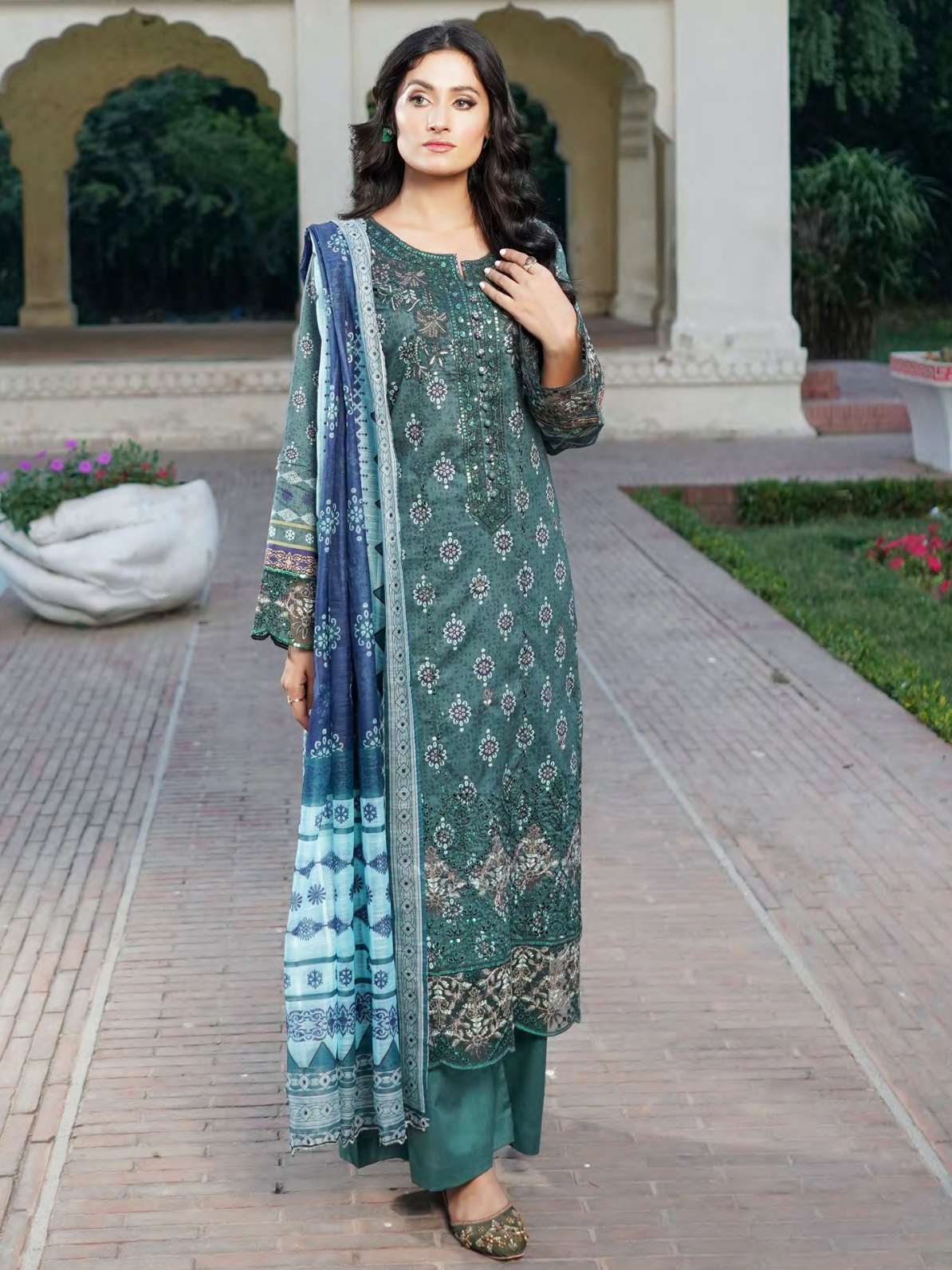 Teal Embroidered Stitched Salwar Set | Lawn Cotton | Munira