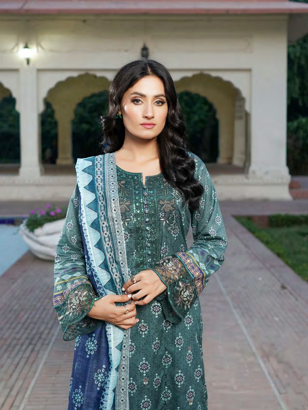 Teal Embroidered Stitched Salwar Set | Lawn Cotton | Munira