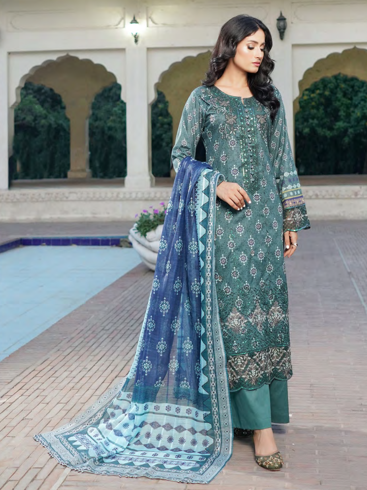 Teal Embroidered Stitched Salwar Set | Lawn Cotton | Munira