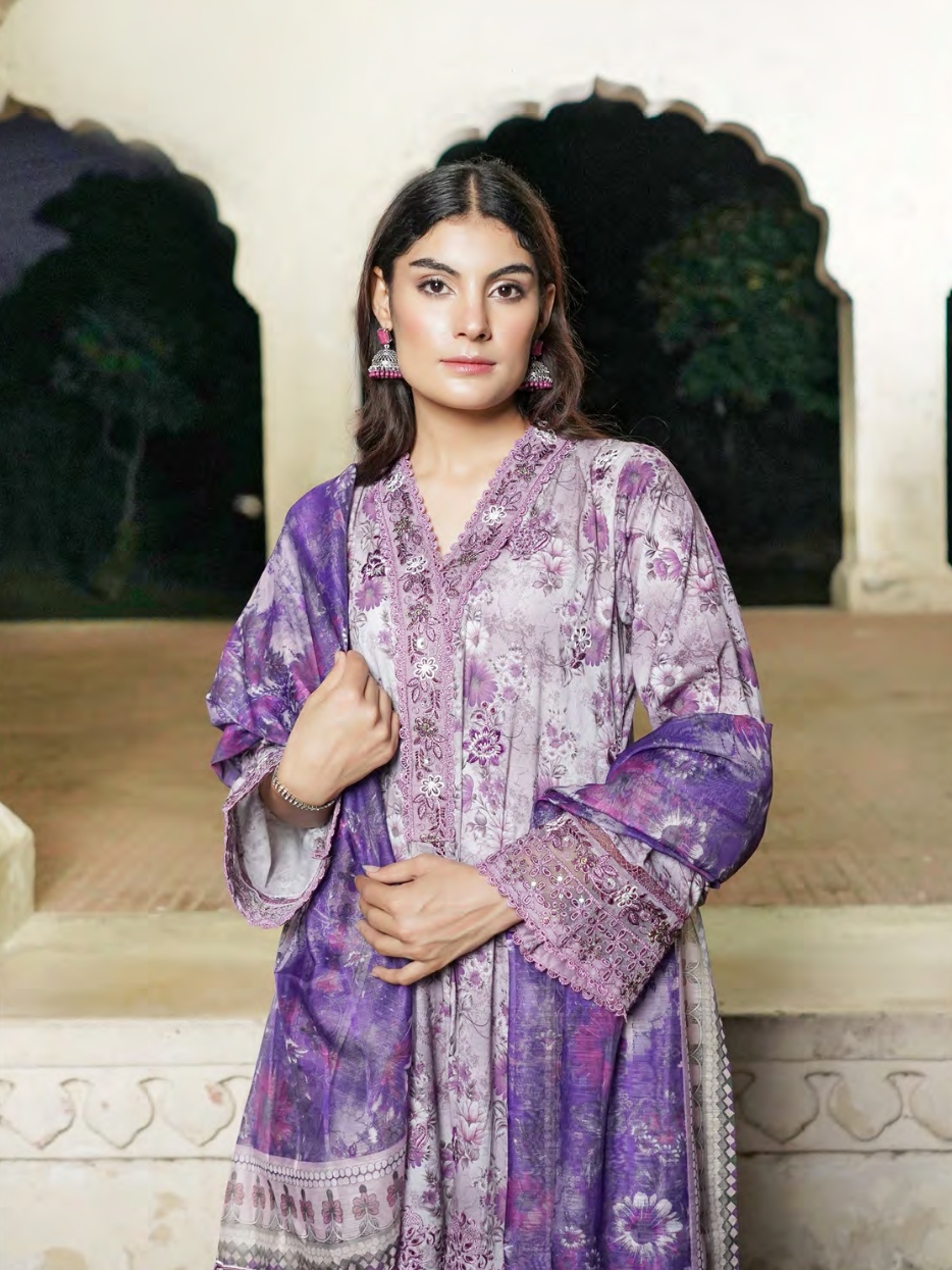 Purple Embroidered Stitched Salwar Set | Lawn Cotton | Munira