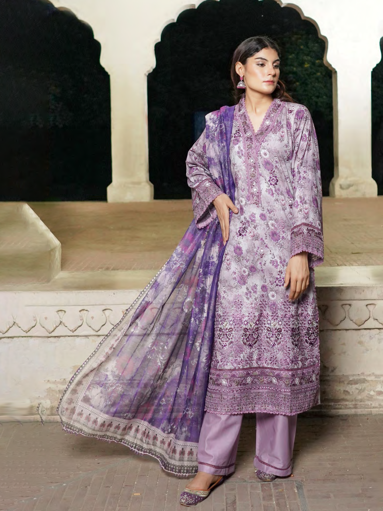 Purple Embroidered Stitched Salwar Set | Lawn Cotton | Munira