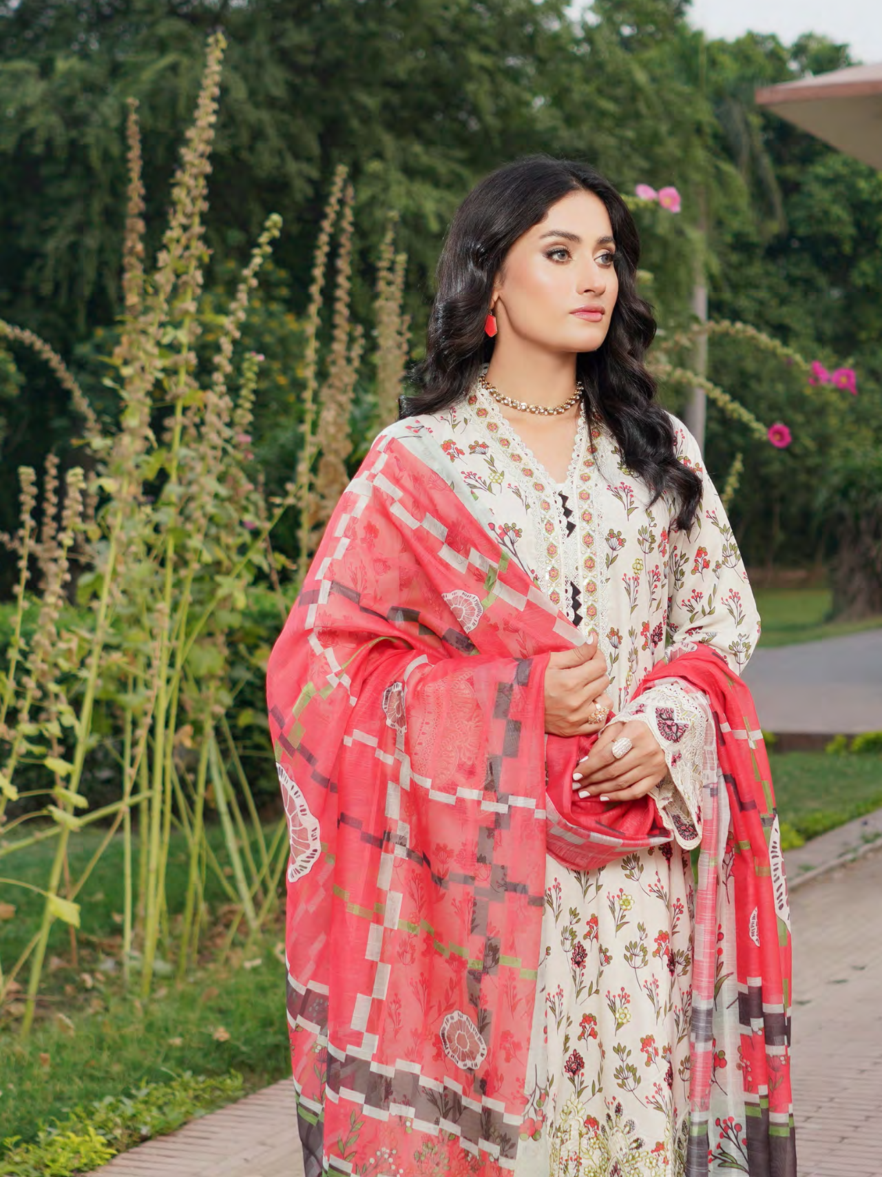 Off White Embroidered Stitched Salwar Set | Lawn Cotton | Munira