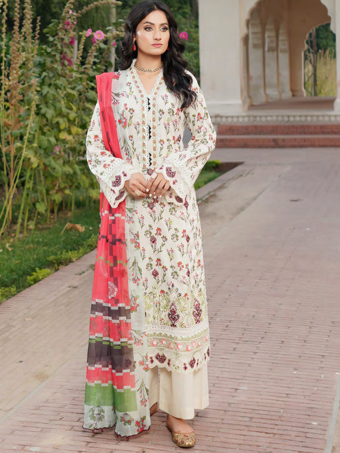 Off White Embroidered Stitched Salwar Set | Lawn Cotton | Munira