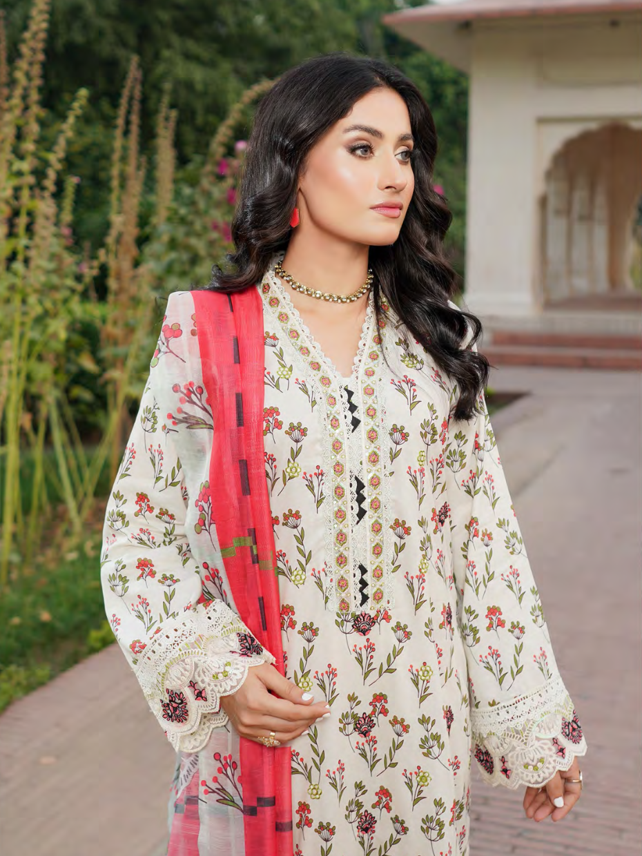 Off White Embroidered Stitched Salwar Set | Lawn Cotton | Munira