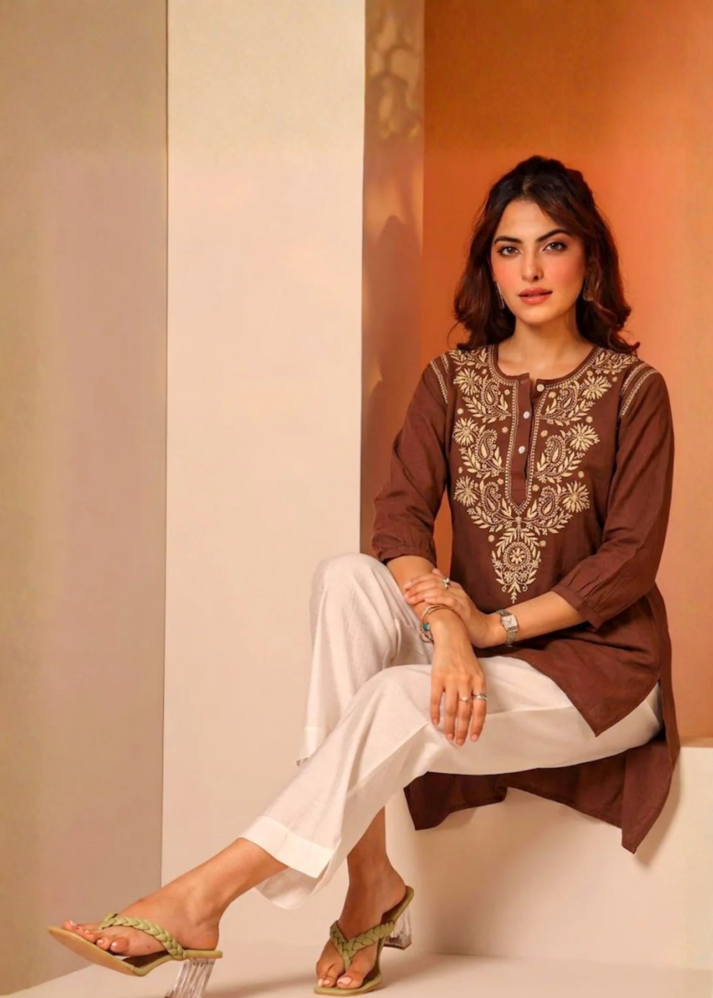 Mul Chikankari Kurti - Brown