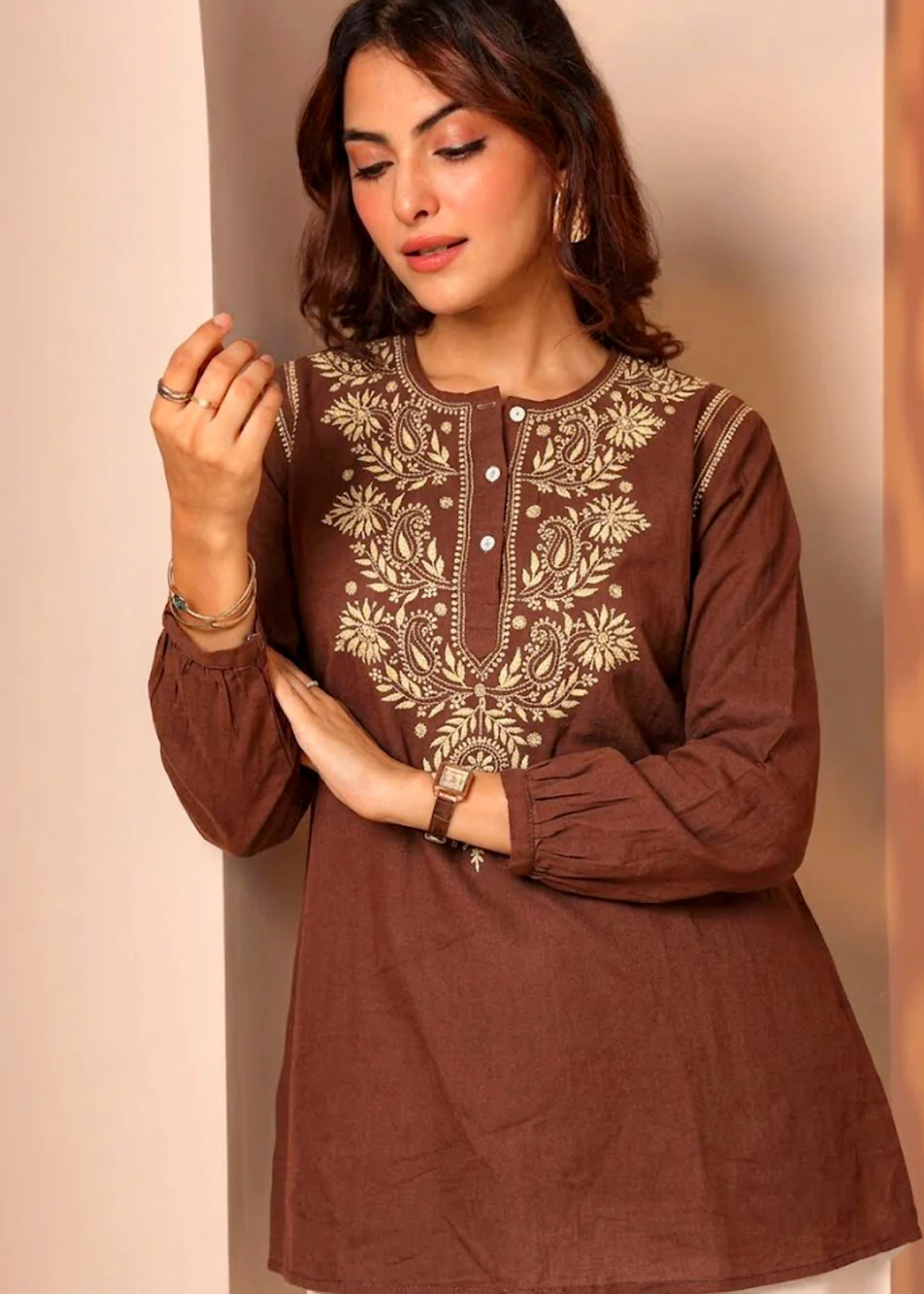 Mul Chikankari Kurti - Brown
