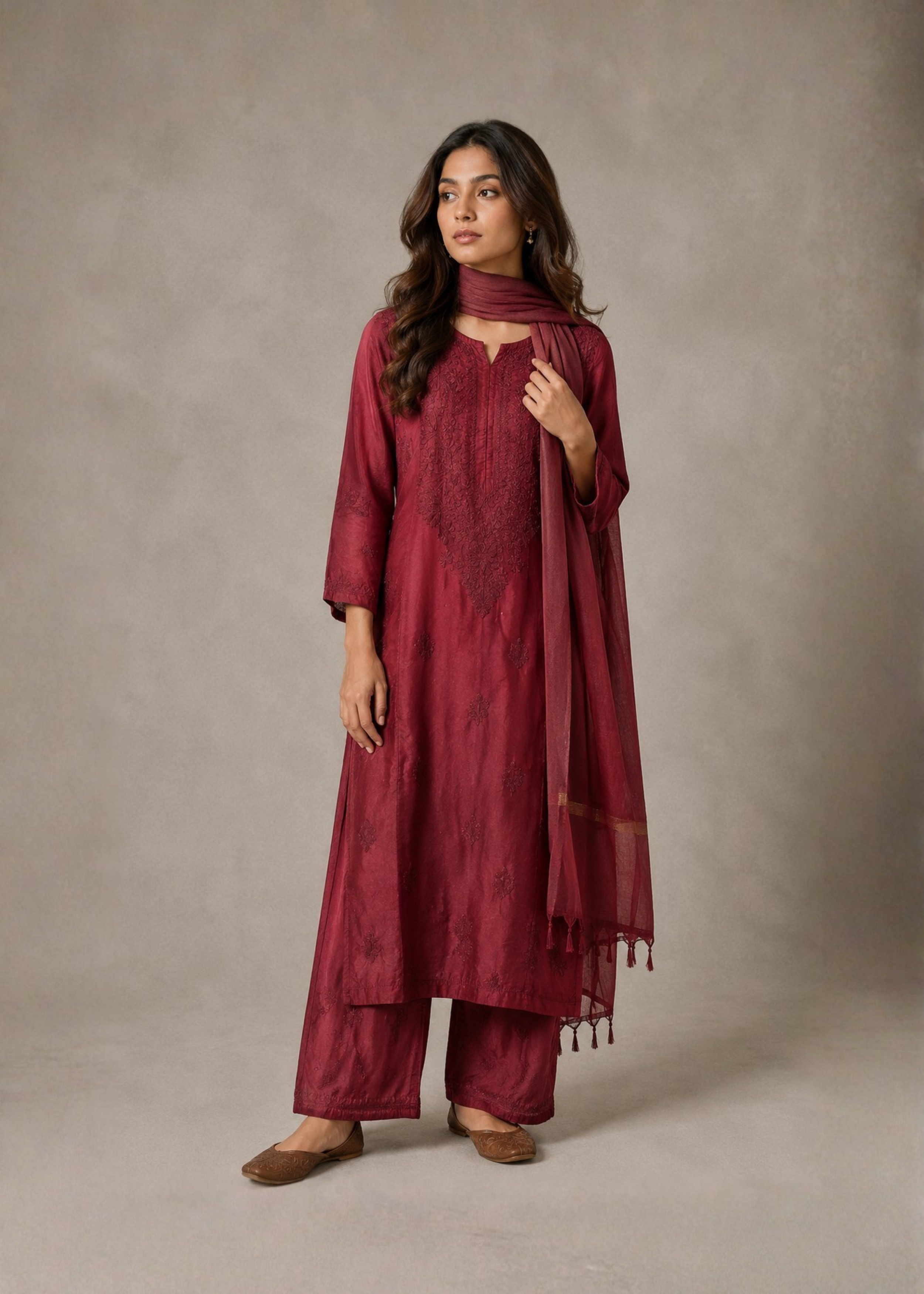 Noor Chikankari 3 Piece Set - Mulberry Red