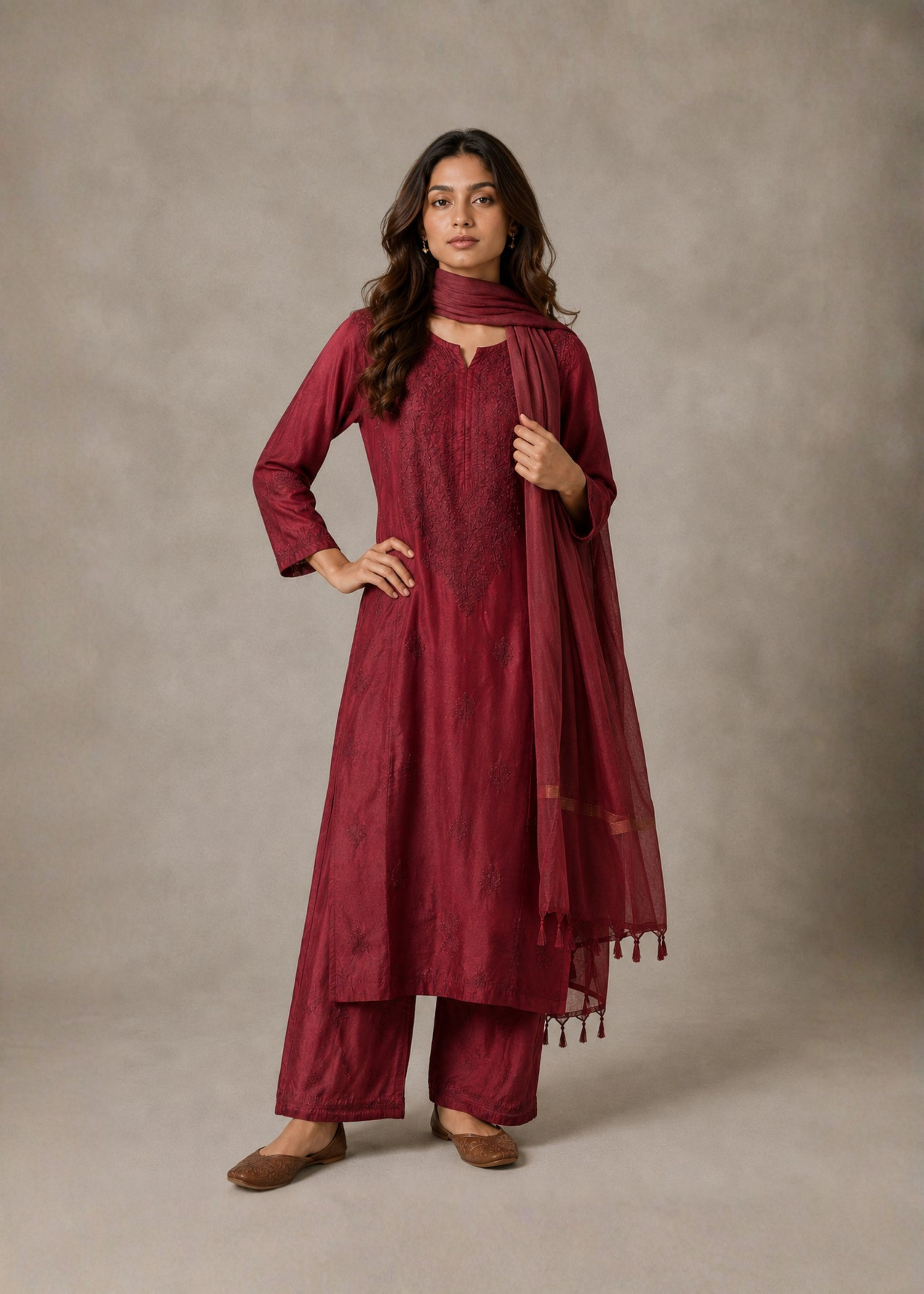 Noor Chikankari 3 Piece Set - Mulberry Red