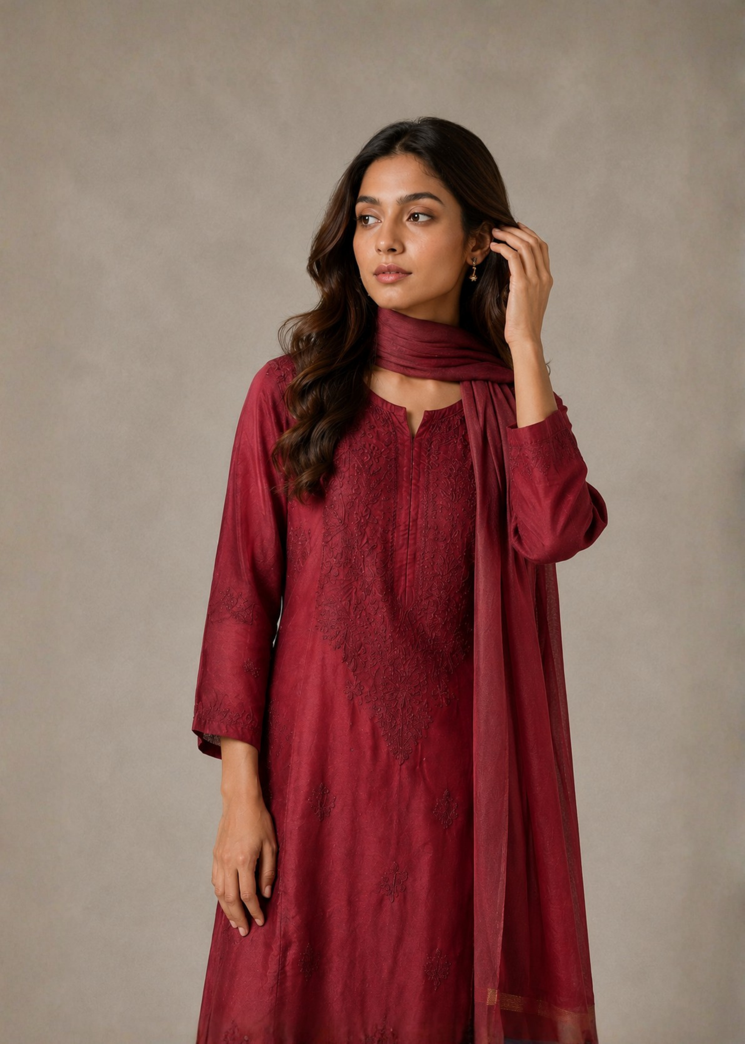 Noor Chikankari 3 Piece Set - Mulberry Red