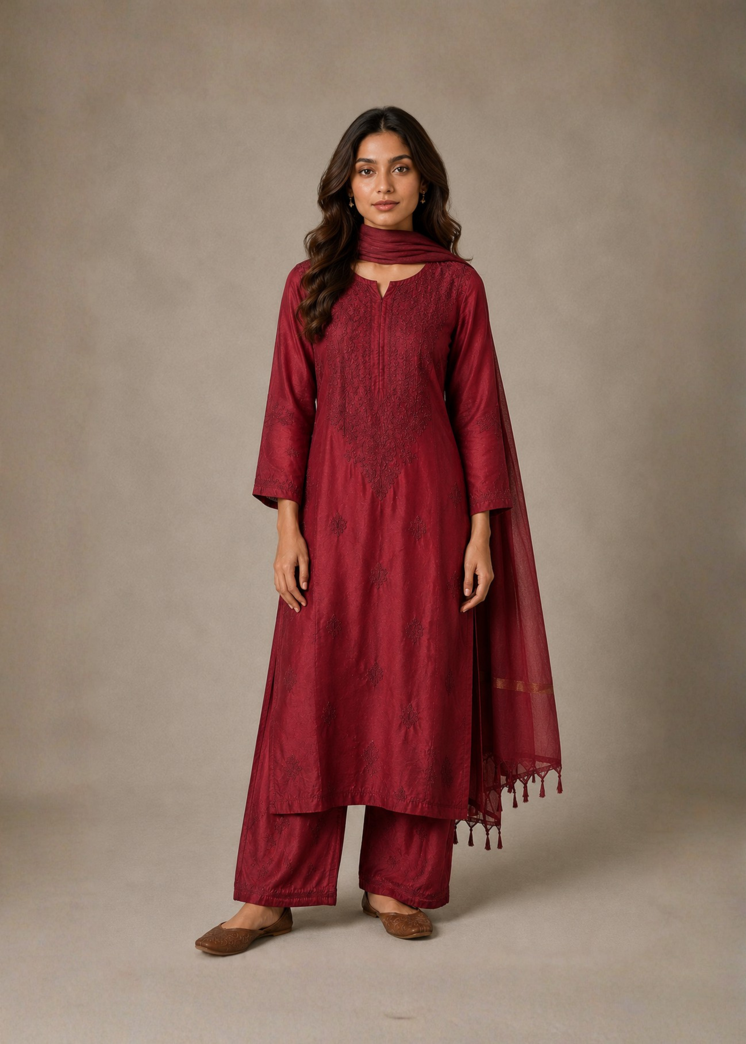 Noor Chikankari 3 Piece Set - Mulberry Red