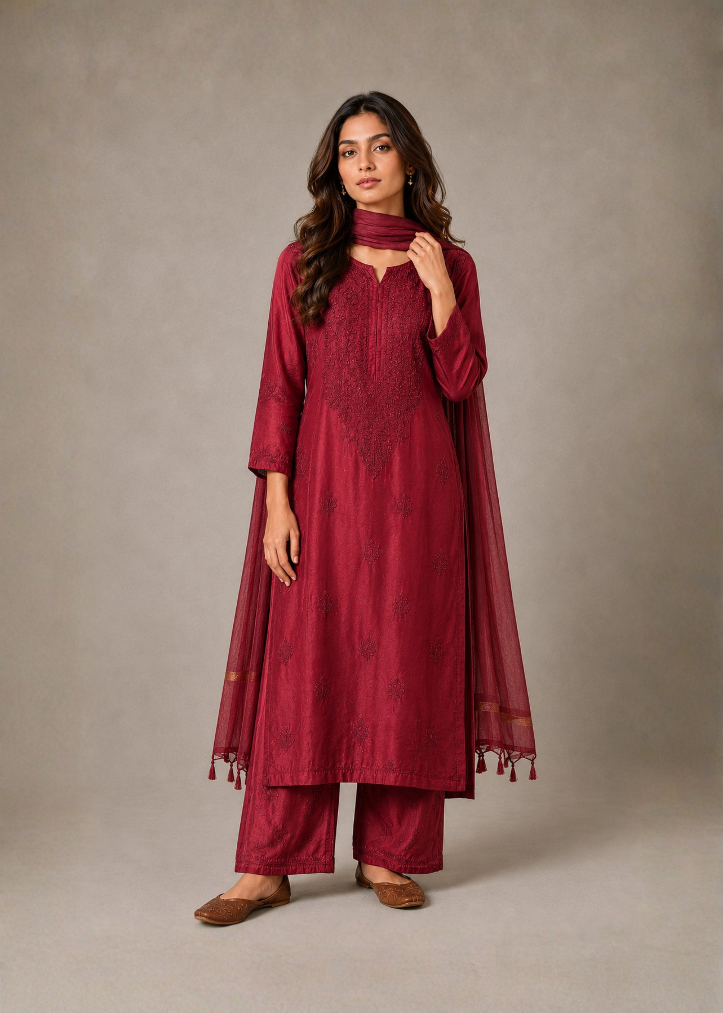 Noor Chikankari 3 Piece Set - Mulberry Red