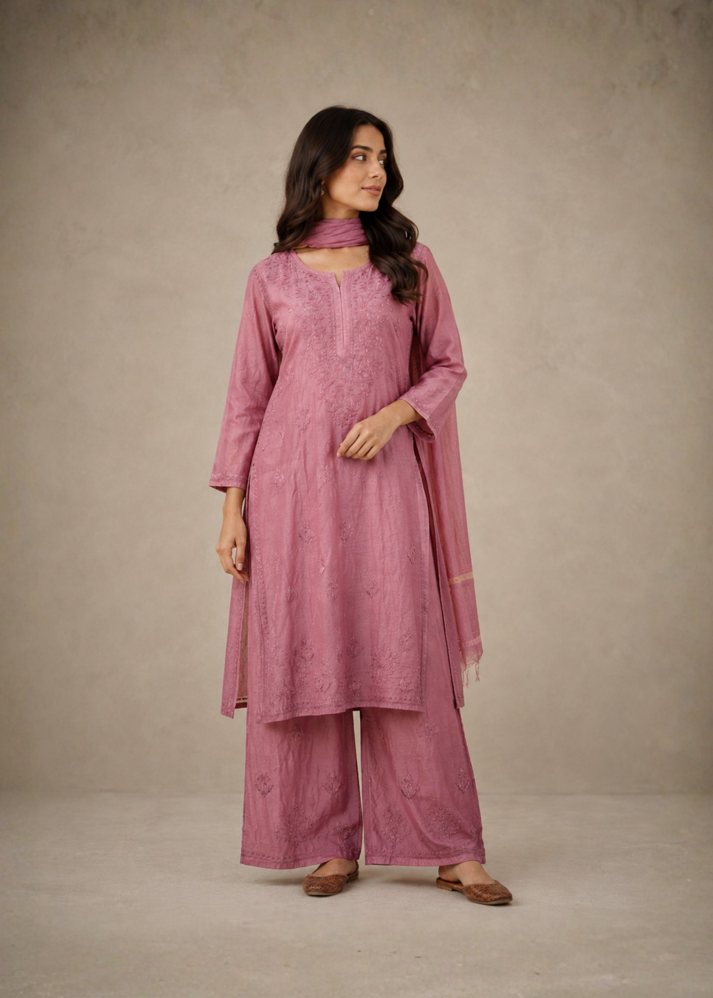 Noor Chikankari 3 Piece Set - Dusty Pink